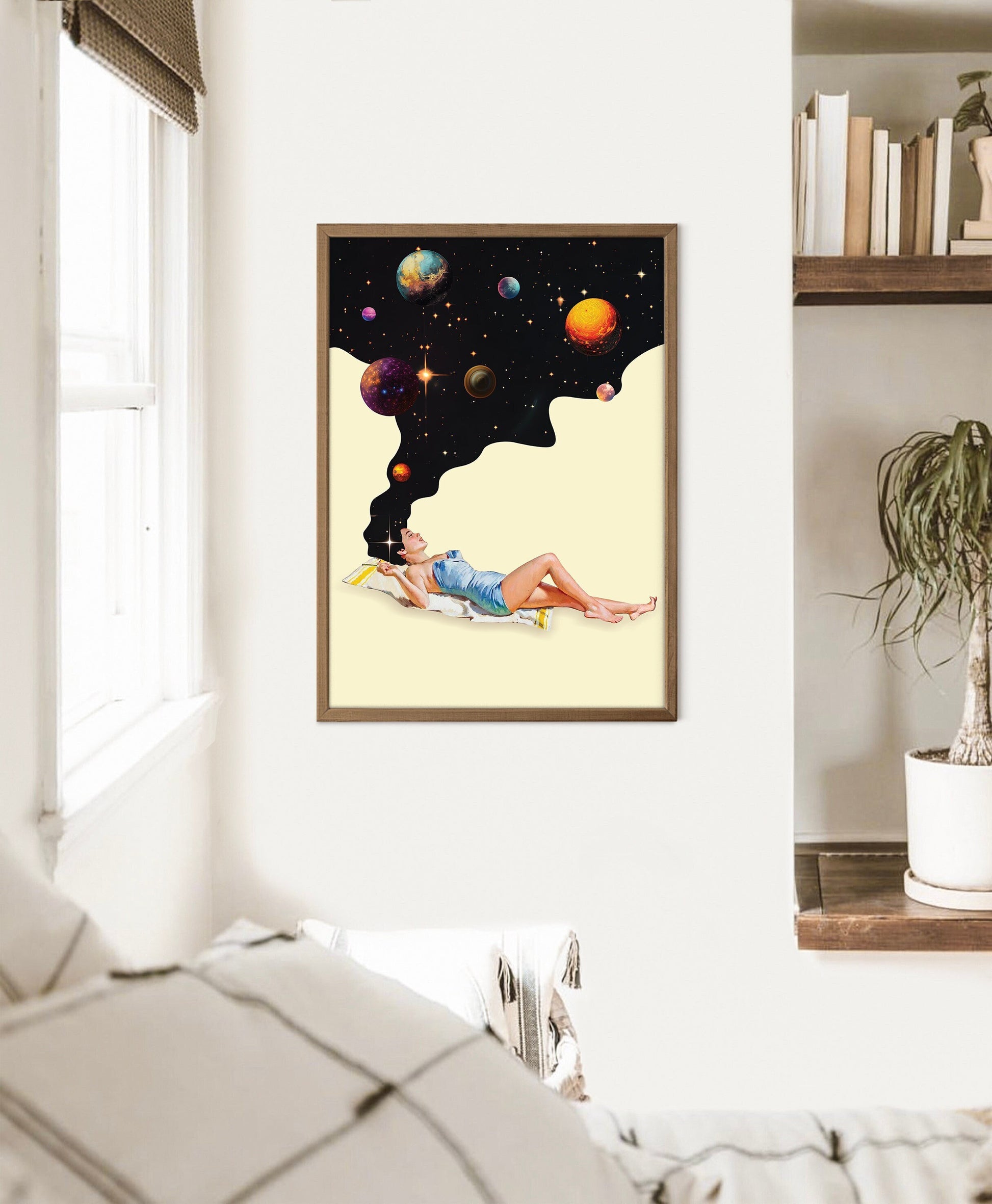 Retro Space Wall Art Print – Surreal Galaxy Beige Black Poster Decor