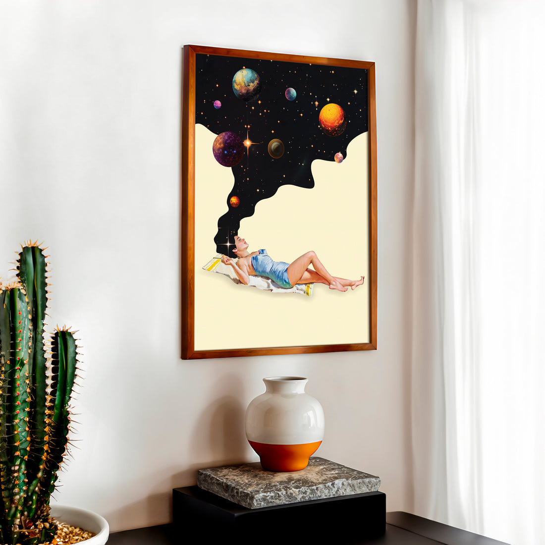 Retro Space Wall Art Print – Surreal Galaxy Beige Black Poster Decor