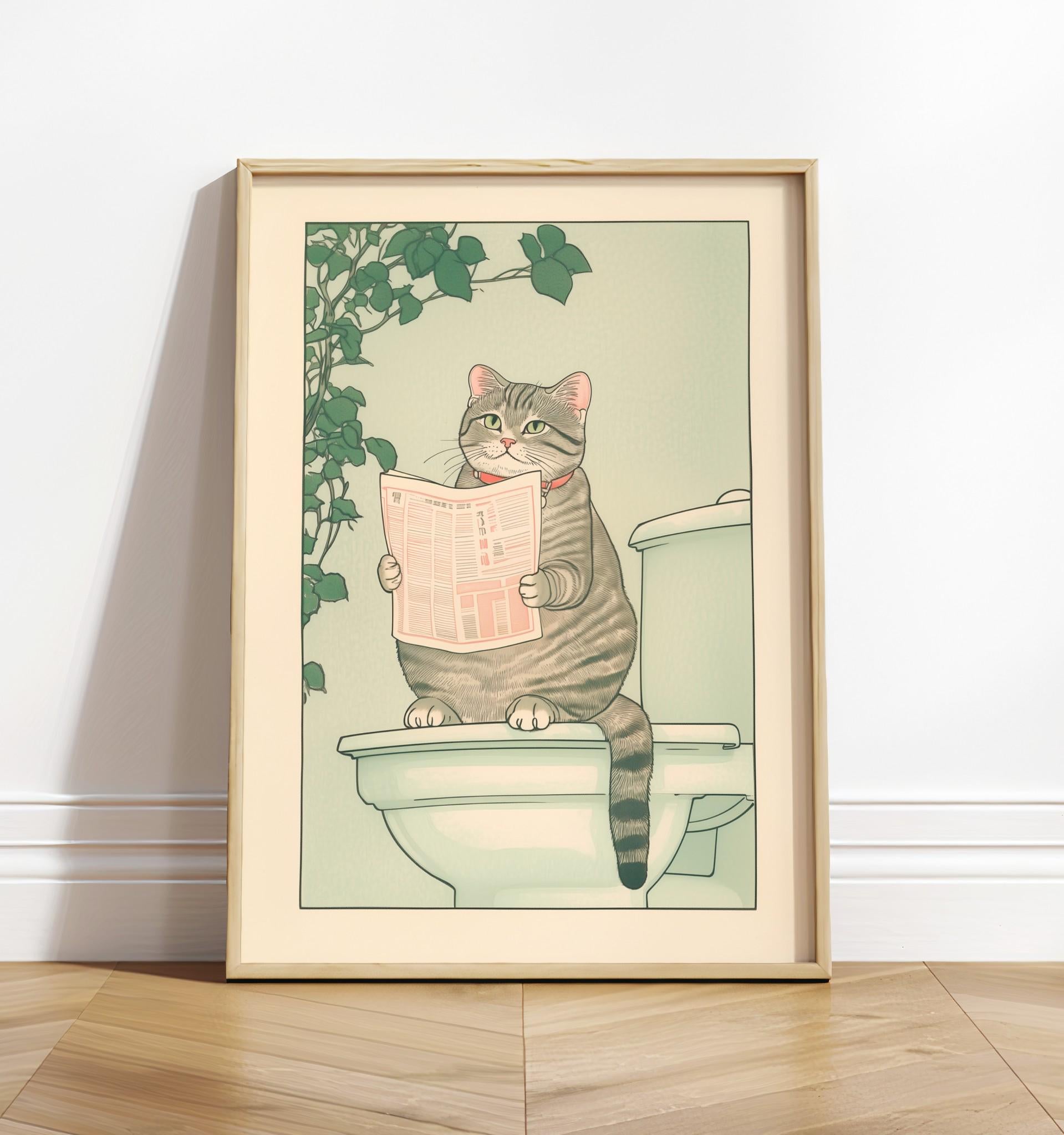 Tabby Cat Bathroom Wall Art Print – Funny Japanese Ukiyo-e Style Poster