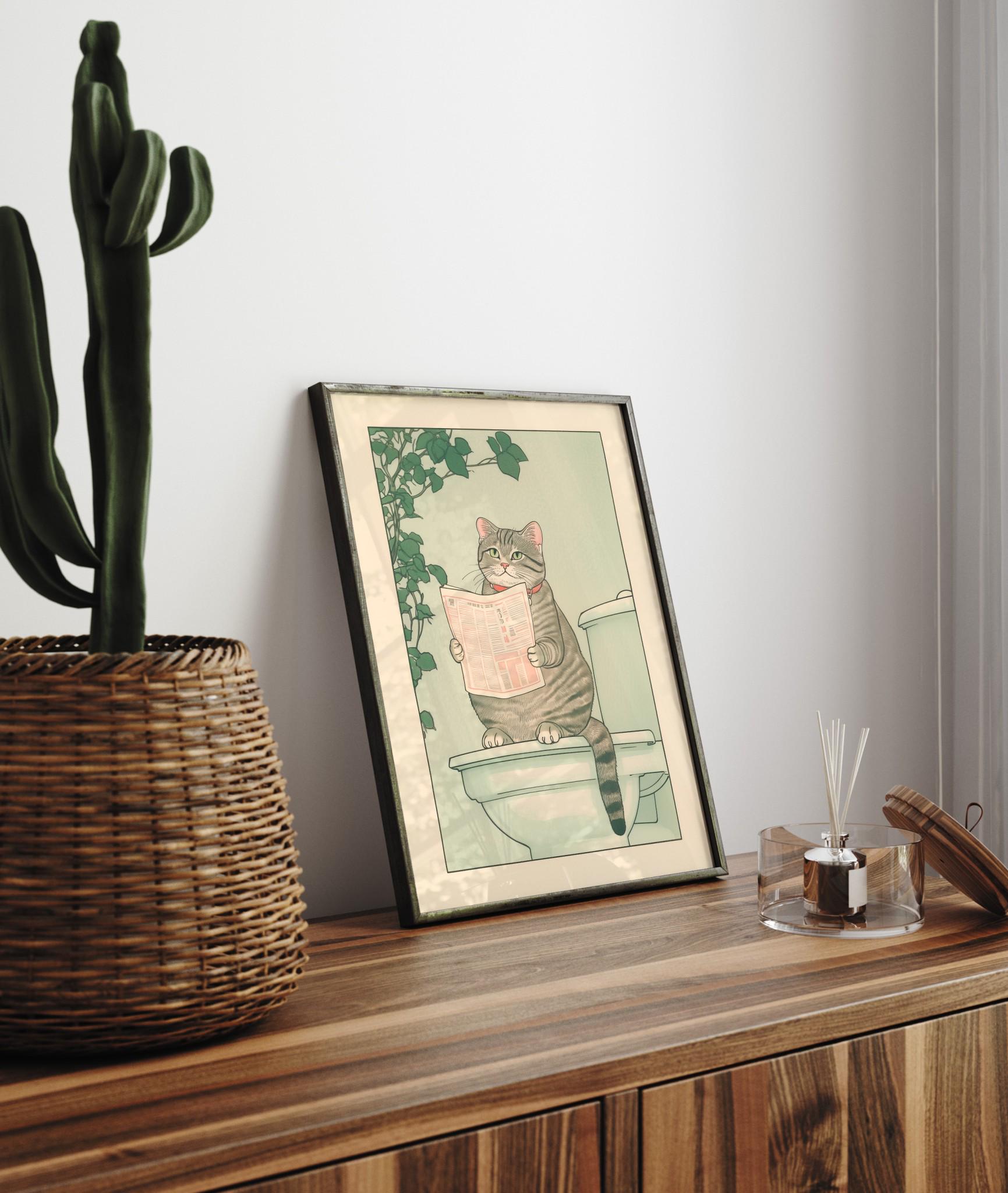 Tabby Cat Bathroom Wall Art Print – Funny Japanese Ukiyo-e Style Poster