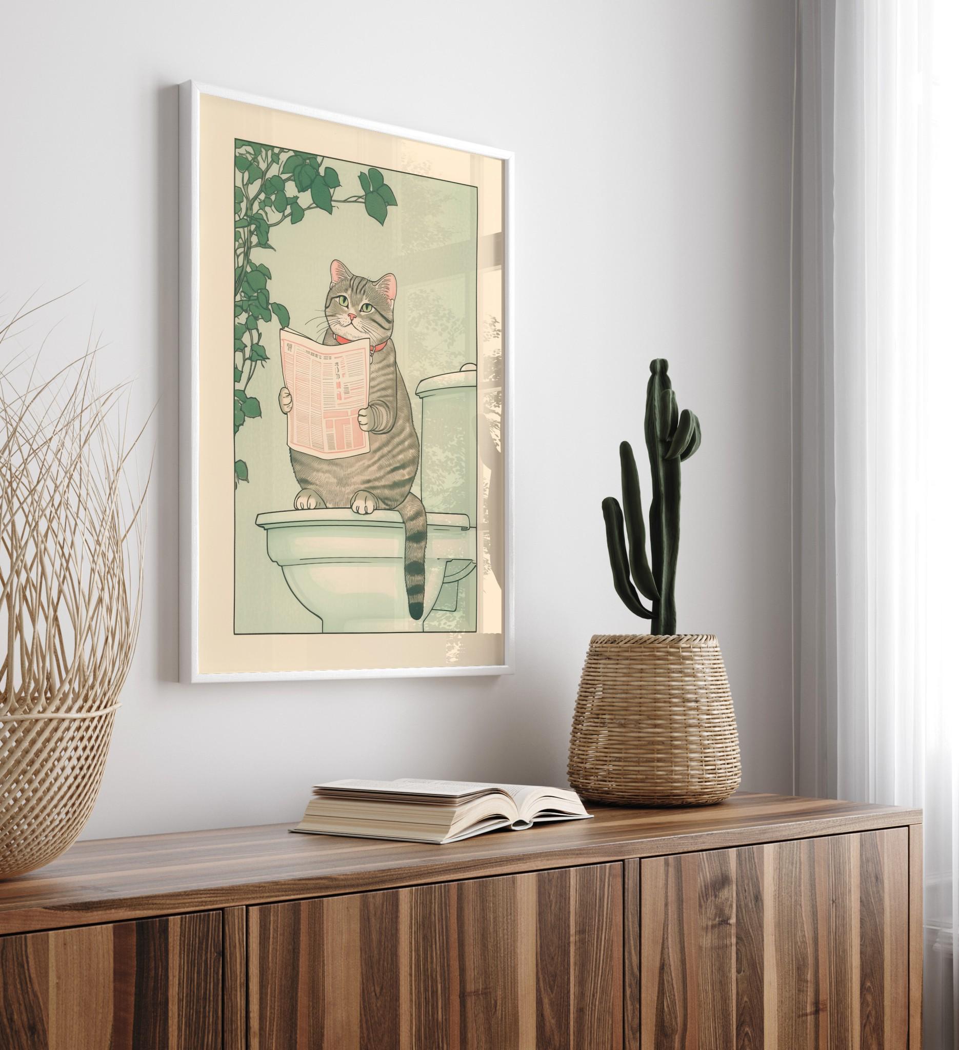 Tabby Cat Bathroom Wall Art Print – Funny Japanese Ukiyo-e Style Poster