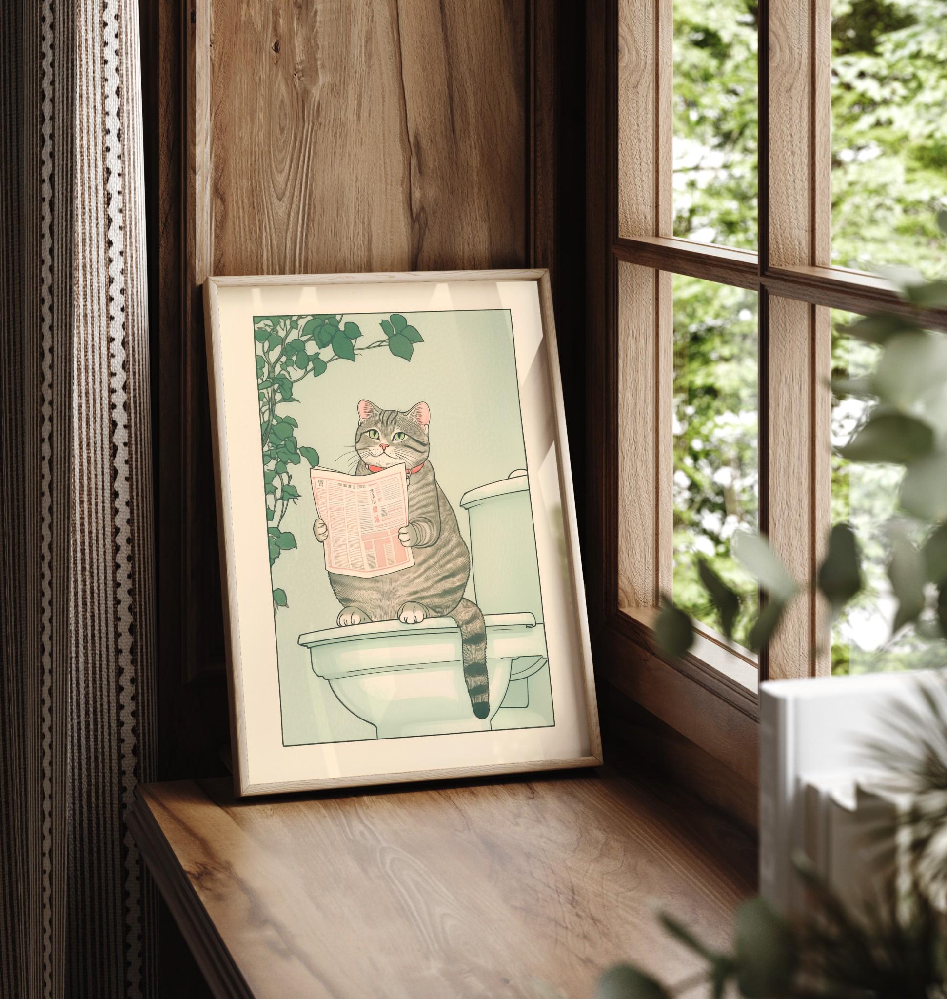 Tabby Cat Bathroom Wall Art Print – Funny Japanese Ukiyo-e Style Poster