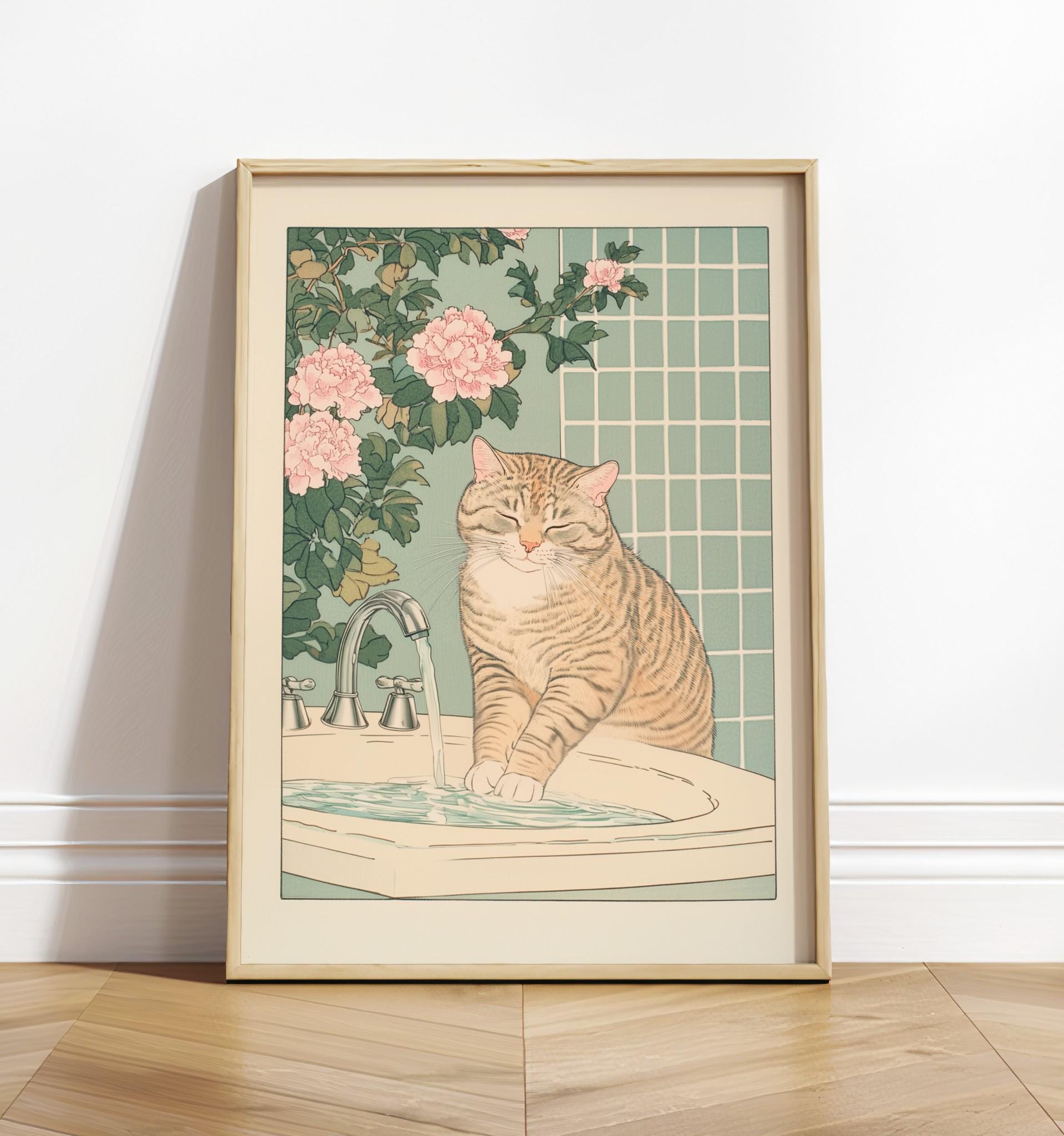 Tabby Cat Bathroom Wall Art Print – Japanese Ukiyo-e Style Decor