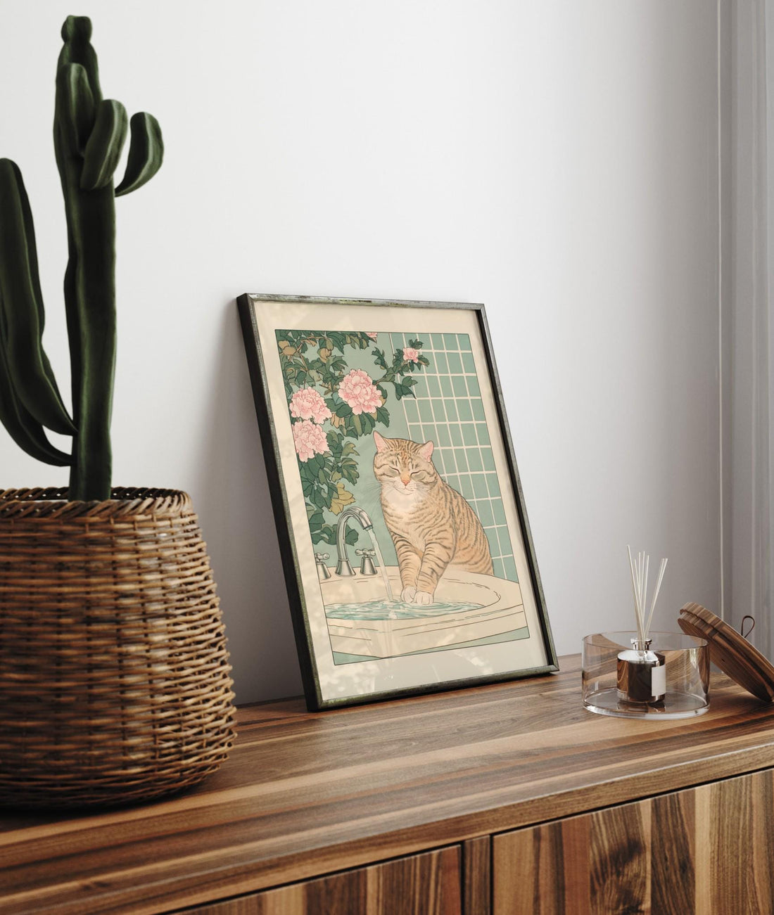 Tabby Cat Bathroom Wall Art Print – Japanese Ukiyo-e Style Decor