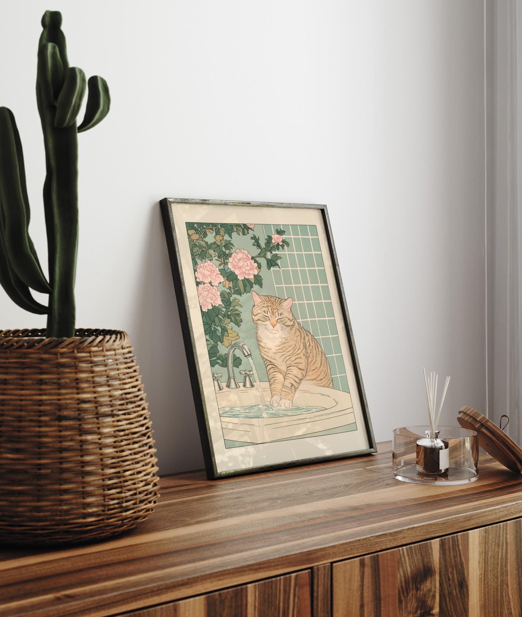 Tabby Cat Bathroom Wall Art Print – Japanese Ukiyo-e Style Decor