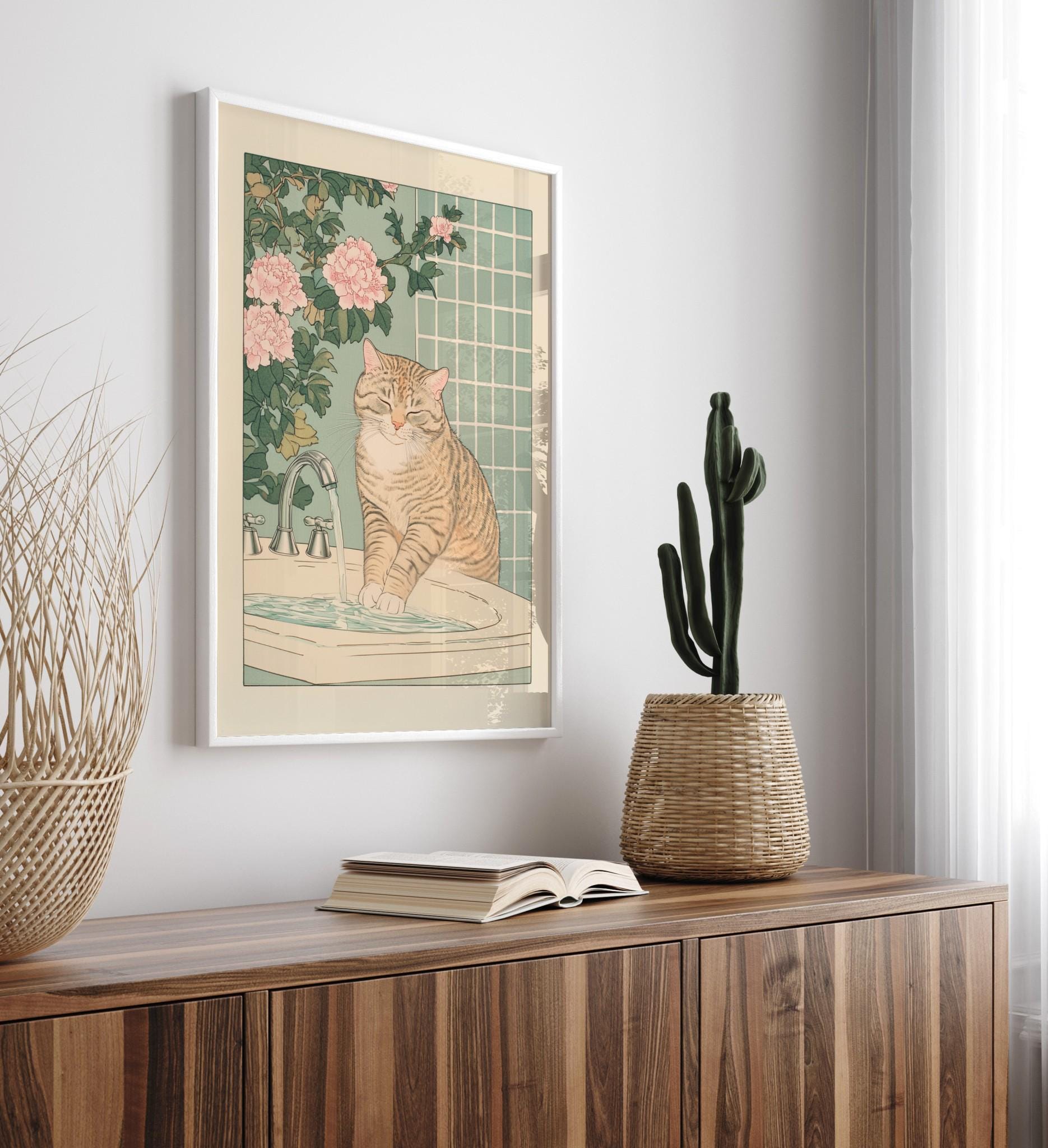 Tabby Cat Bathroom Wall Art Print – Japanese Ukiyo-e Style Decor