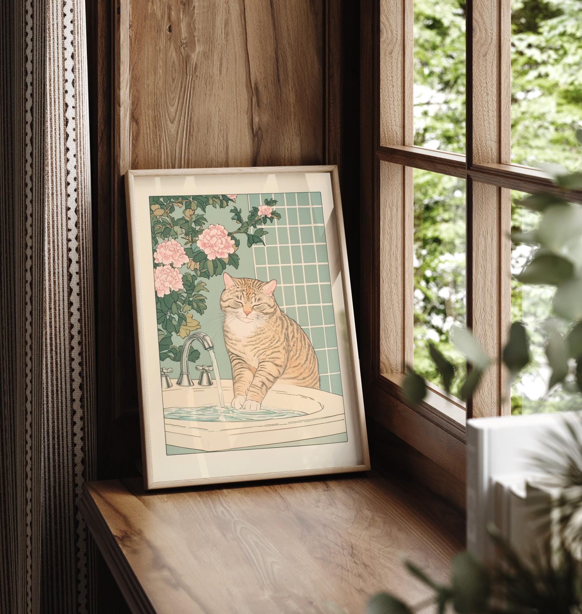 Tabby Cat Bathroom Wall Art Print – Japanese Ukiyo-e Style Decor