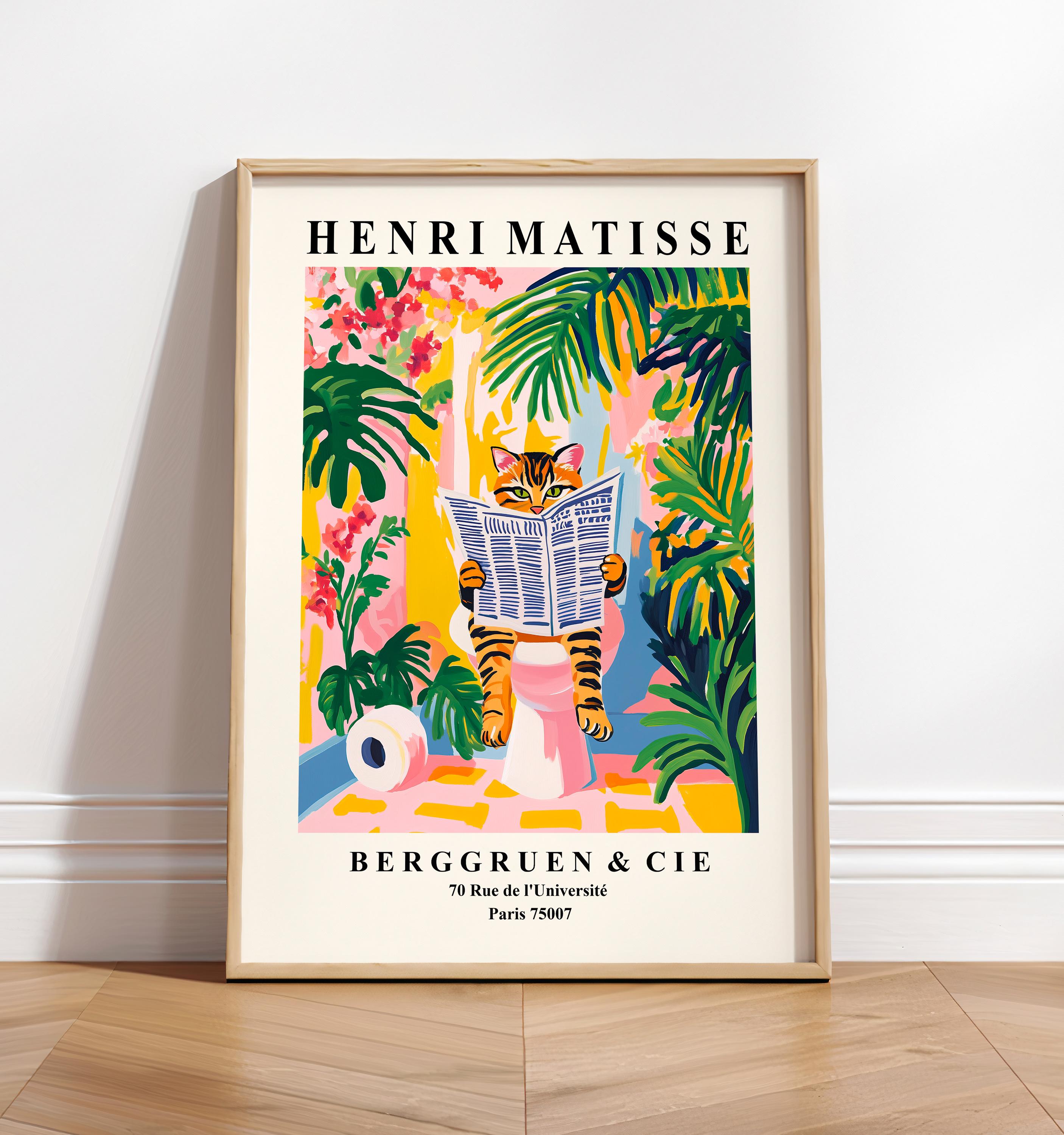 Tabby Cat Toilet Wall Art Print – Funny Matisse Style Bathroom Decor