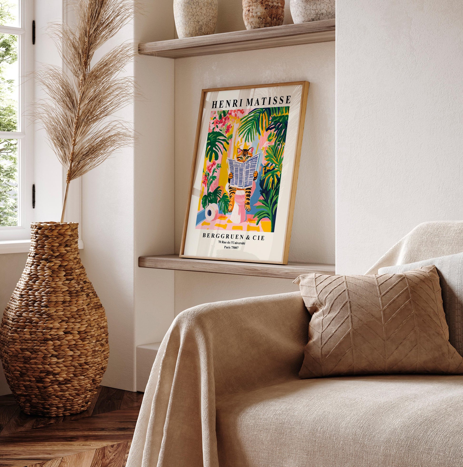 Tabby Cat Toilet Wall Art Print – Funny Matisse Style Bathroom Decor