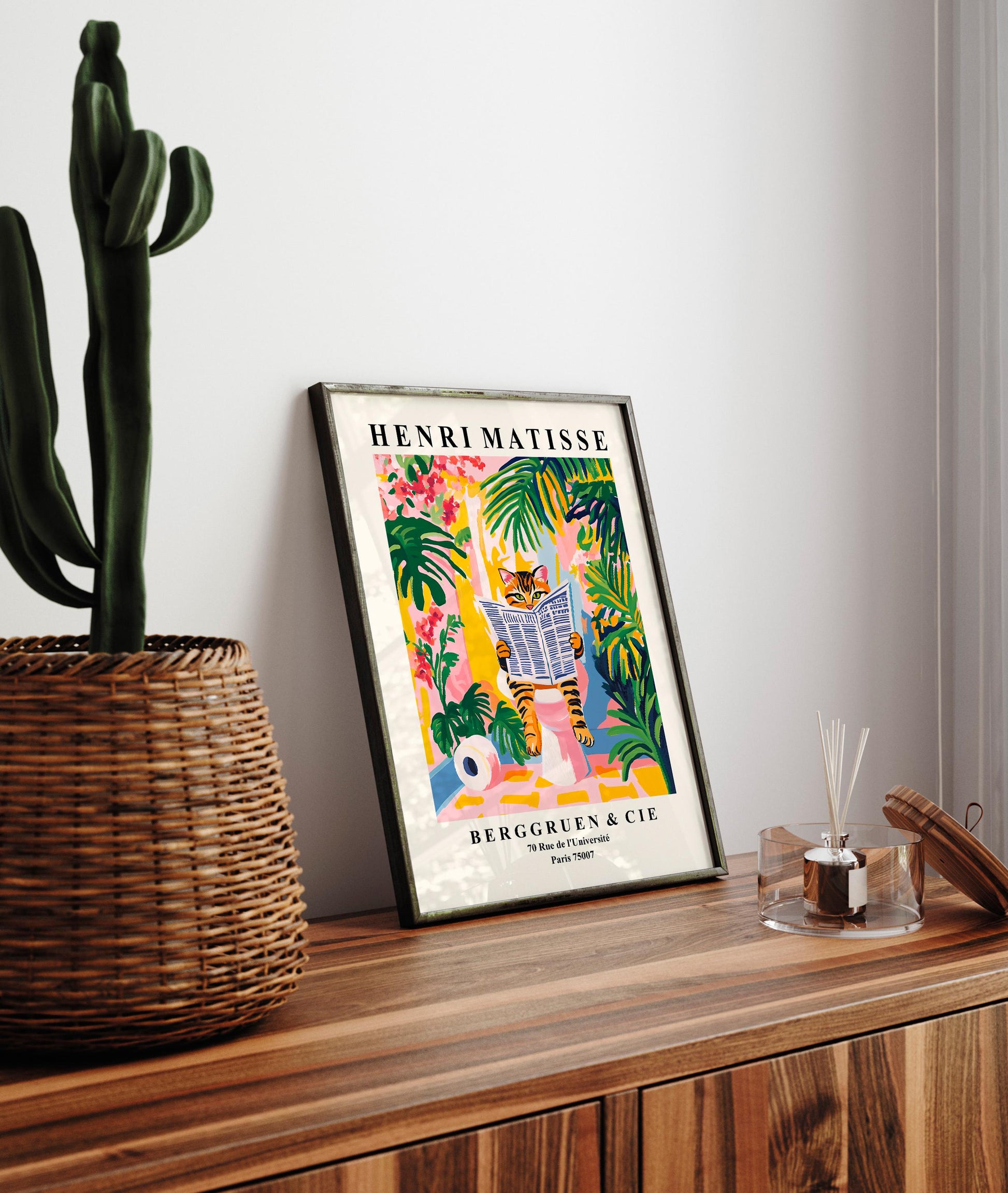 Tabby Cat Toilet Wall Art Print – Funny Matisse Style Bathroom Decor