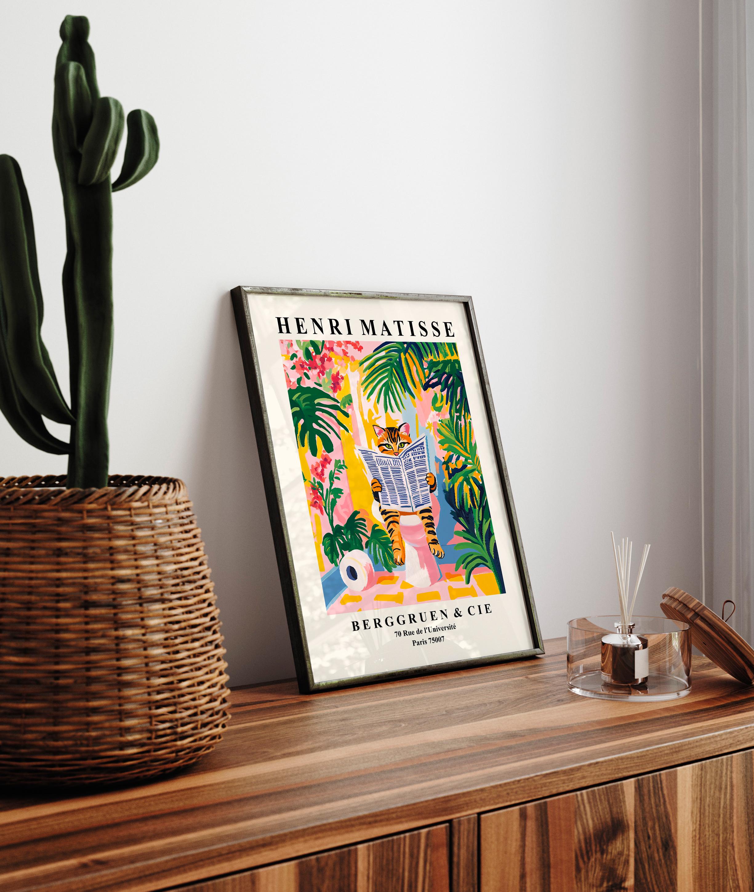 Tabby Cat Toilet Wall Art Print – Funny Matisse Style Bathroom Decor