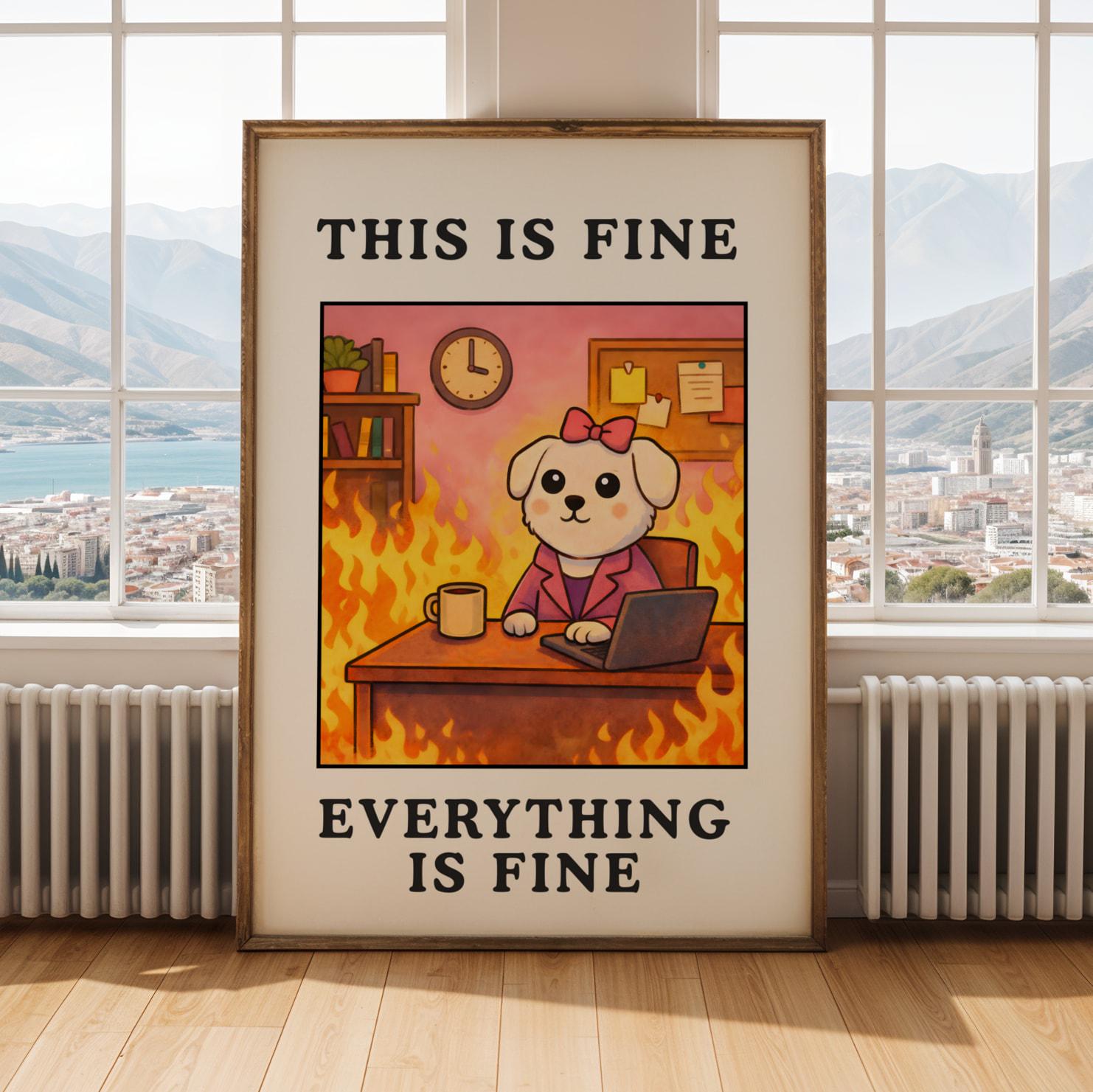 This Is Fine Funny Office Wall Art Poster – Burnout Meme Work Humor Decor