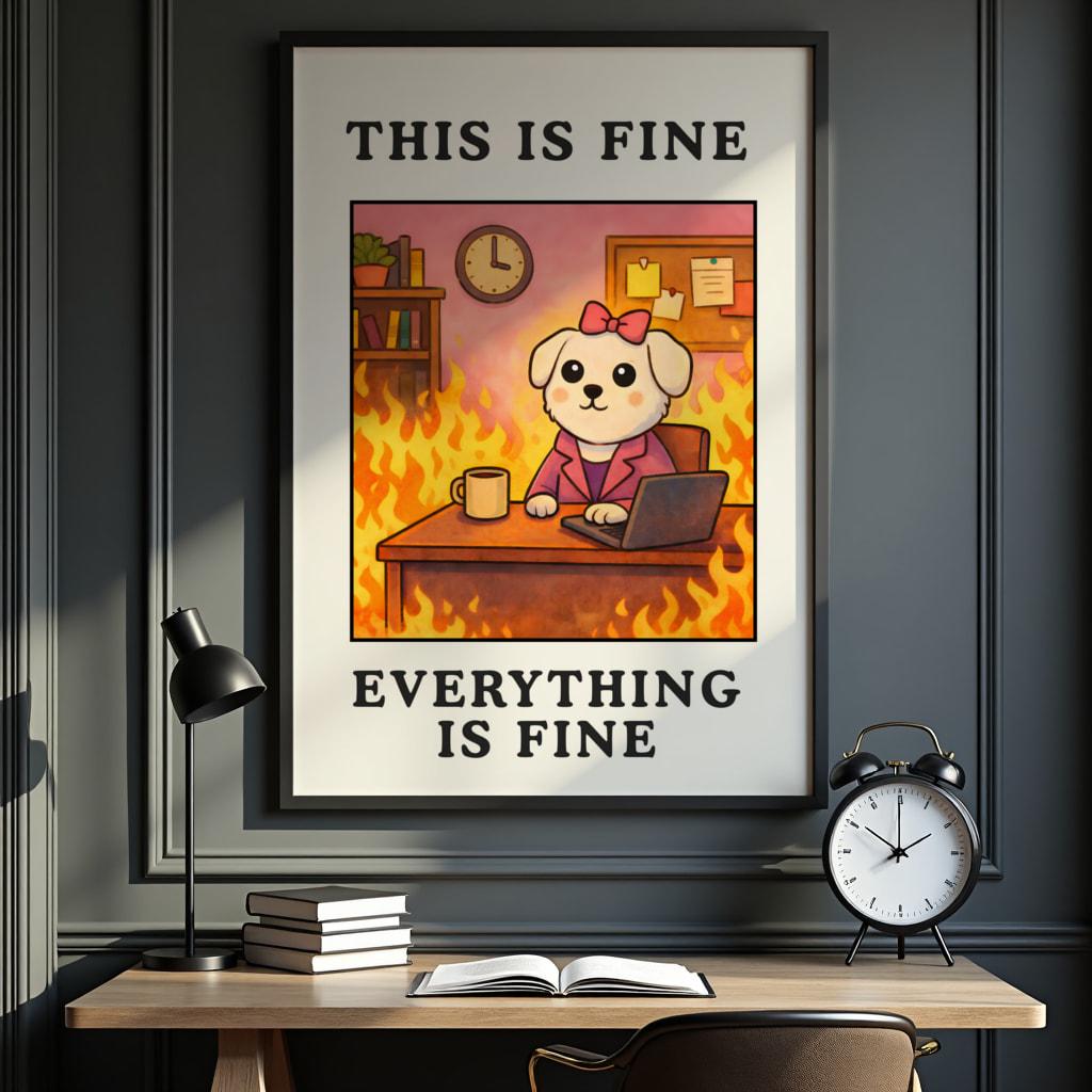 This Is Fine Funny Office Wall Art Poster – Burnout Meme Work Humor Decor