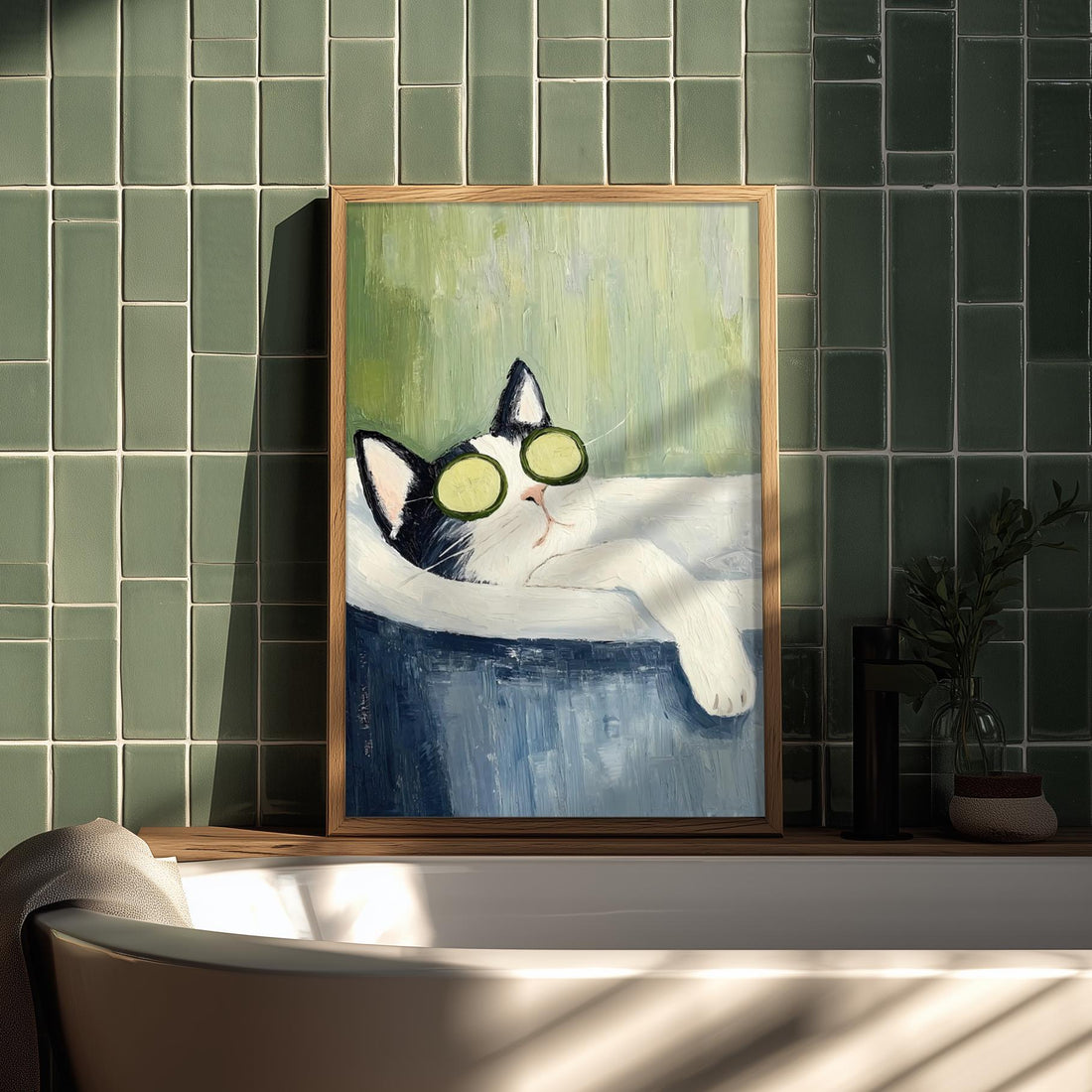 Tuxedo Cat Bathtub Wall Art Print – Funny Spa Cat Bathroom Decor