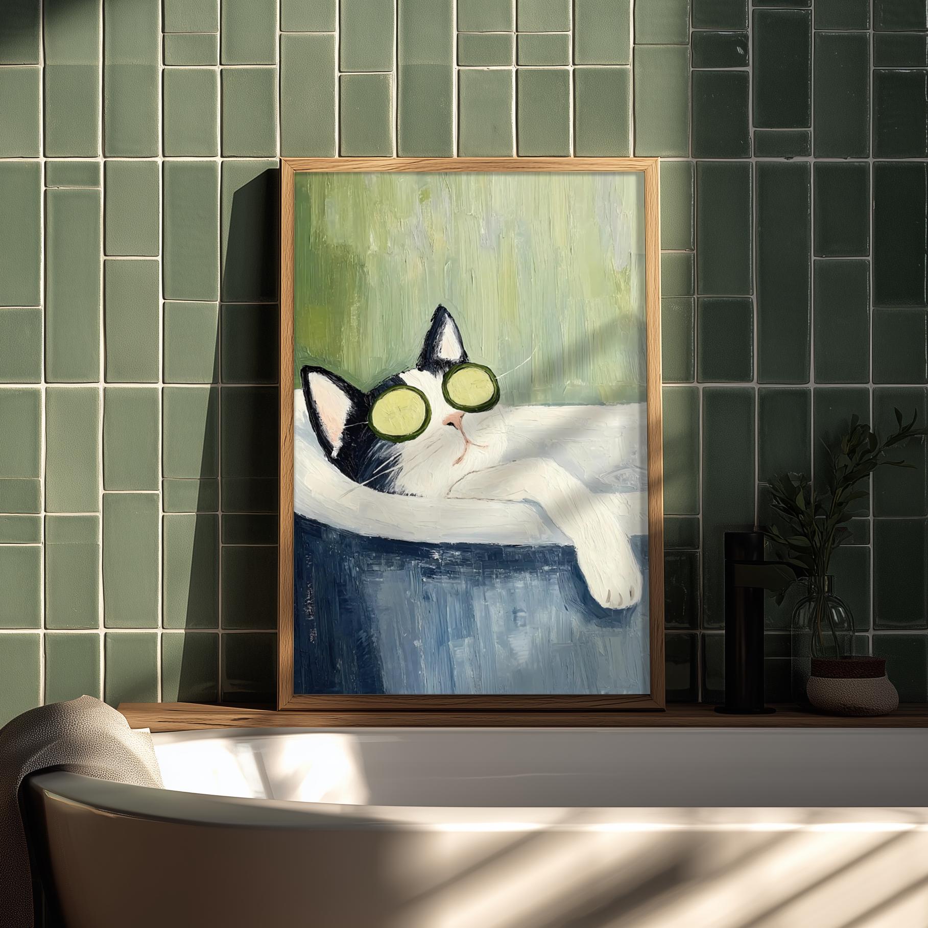 Tuxedo Cat Bathtub Wall Art Print – Funny Spa Cat Bathroom Decor