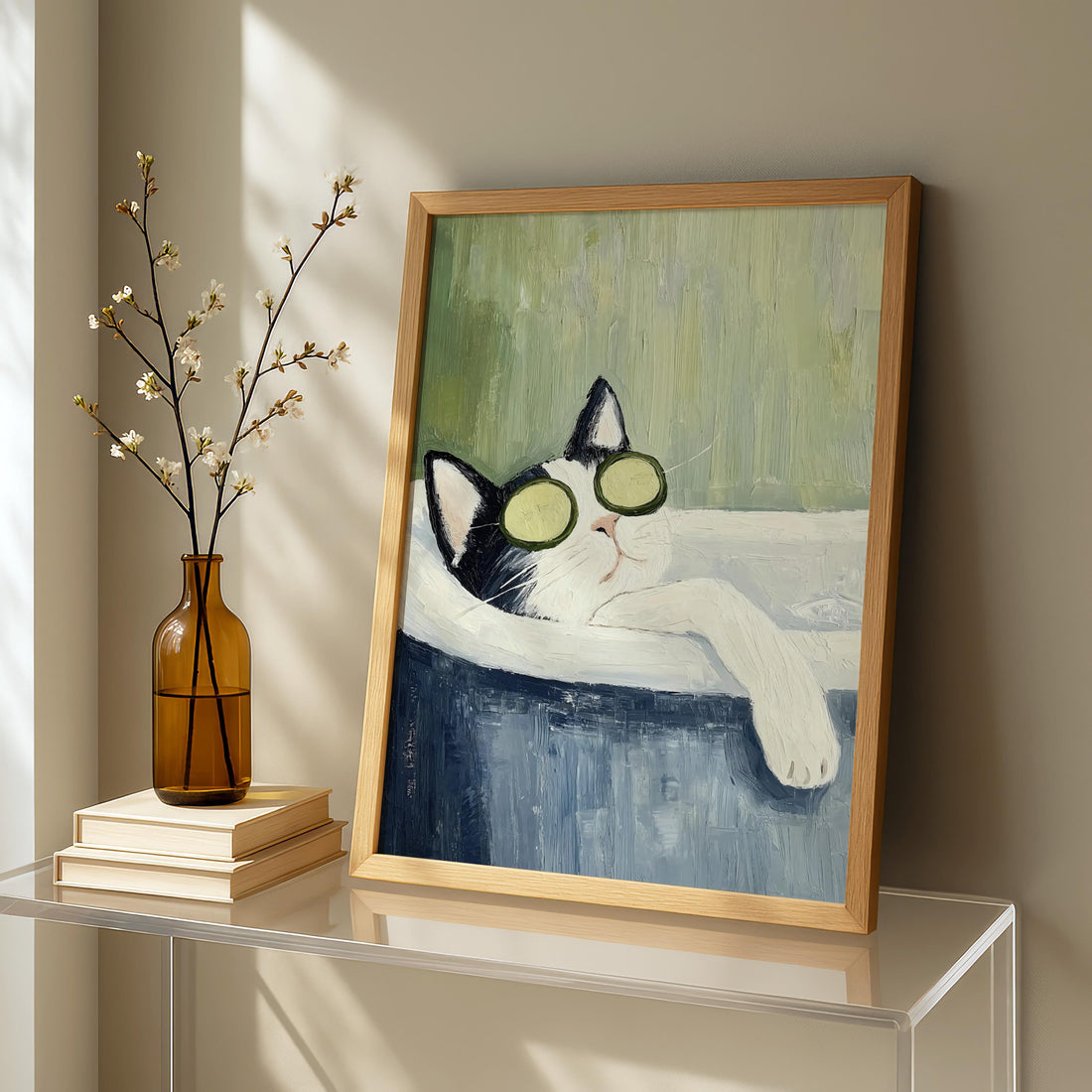 Tuxedo Cat Bathtub Wall Art Print – Funny Spa Cat Bathroom Decor