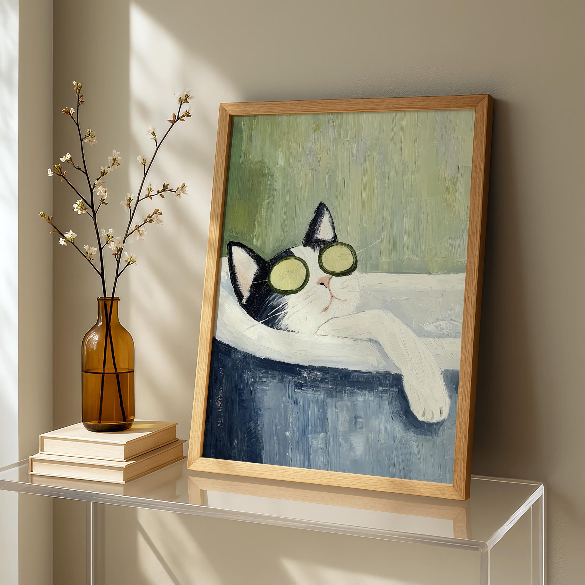 Tuxedo Cat Bathtub Wall Art Print – Funny Spa Cat Bathroom Decor