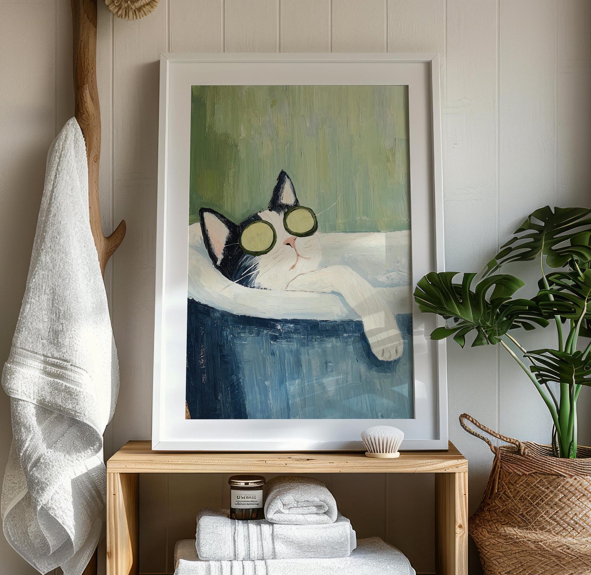 Tuxedo Cat Bathtub Wall Art Print – Funny Spa Cat Bathroom Decor