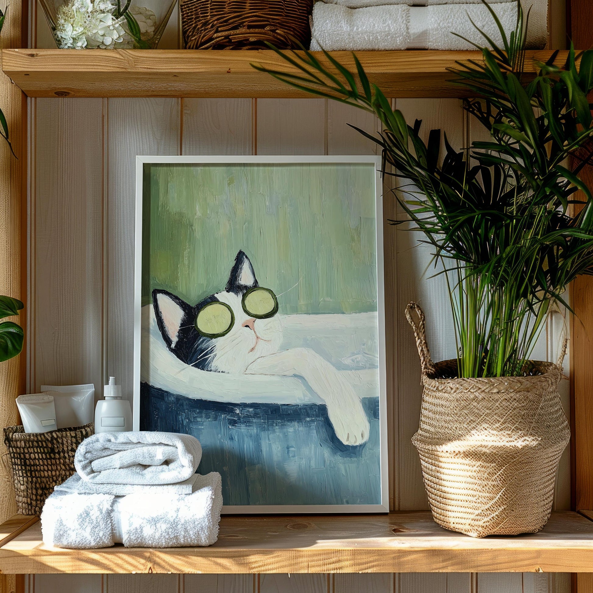 Tuxedo Cat Bathtub Wall Art Print – Funny Spa Cat Bathroom Decor