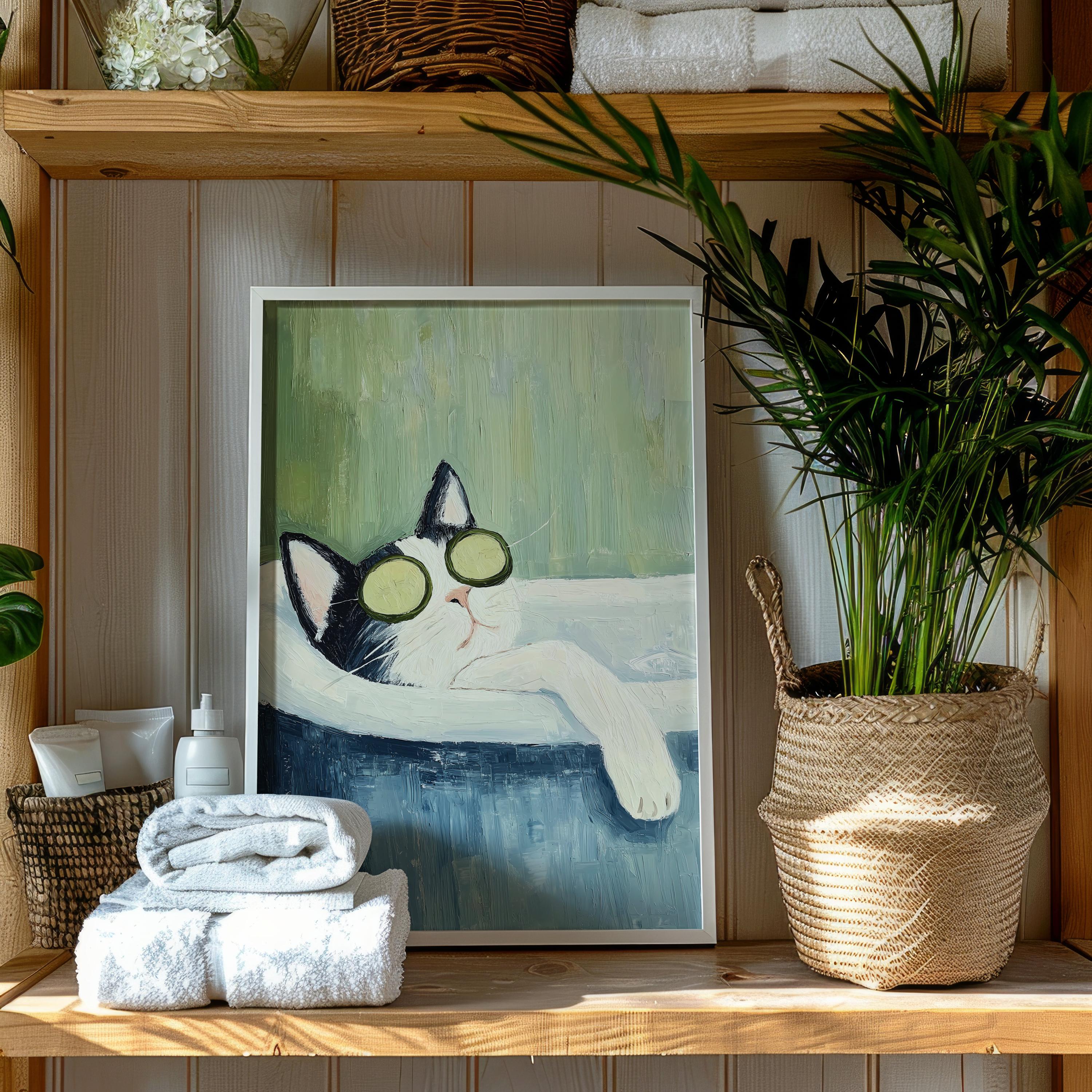 Tuxedo Cat Bathtub Wall Art Print – Funny Spa Cat Bathroom Decor