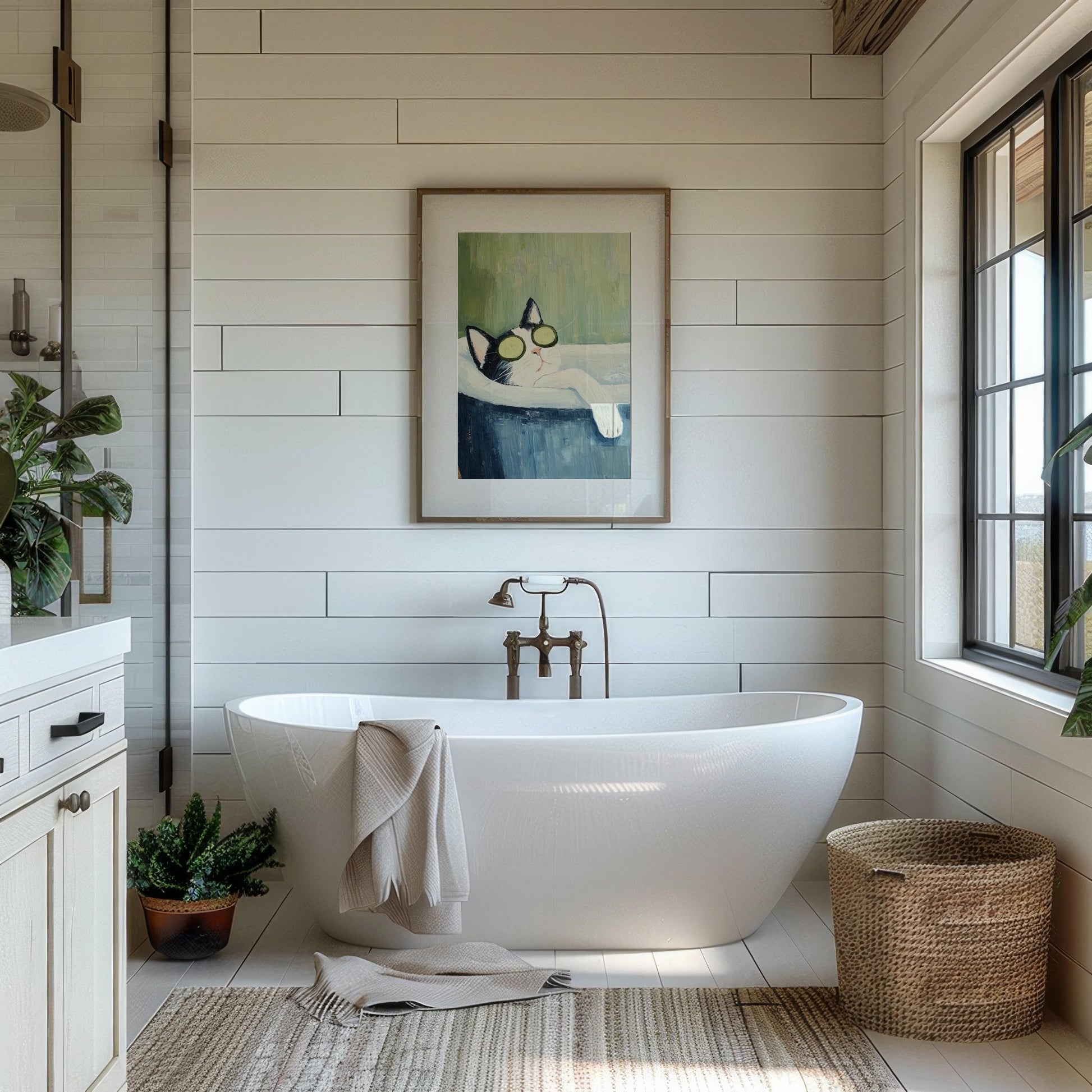 Tuxedo Cat Bathtub Wall Art Print – Funny Spa Cat Bathroom Decor
