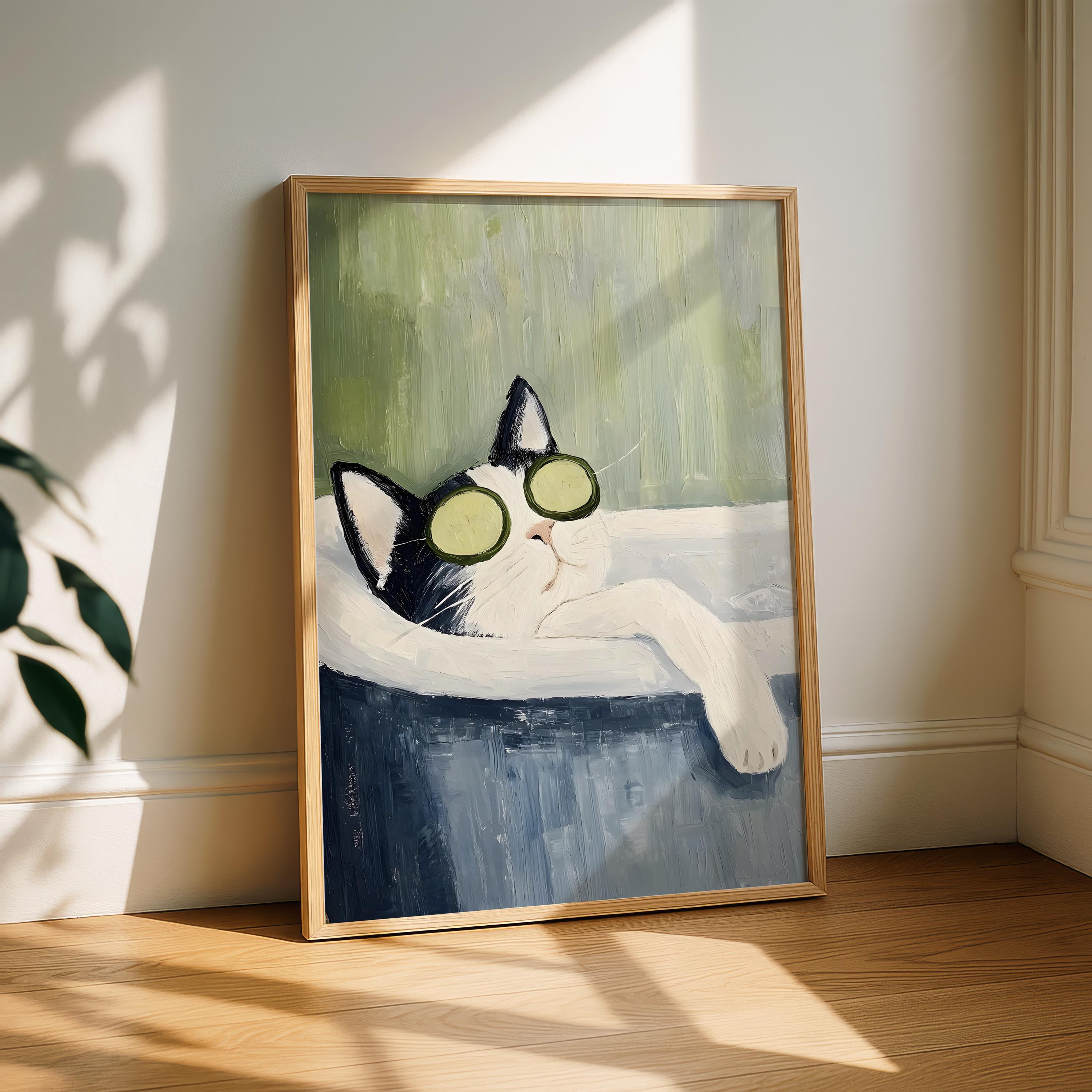 Tuxedo Cat Bathtub Wall Art Print – Funny Spa Cat Bathroom Decor