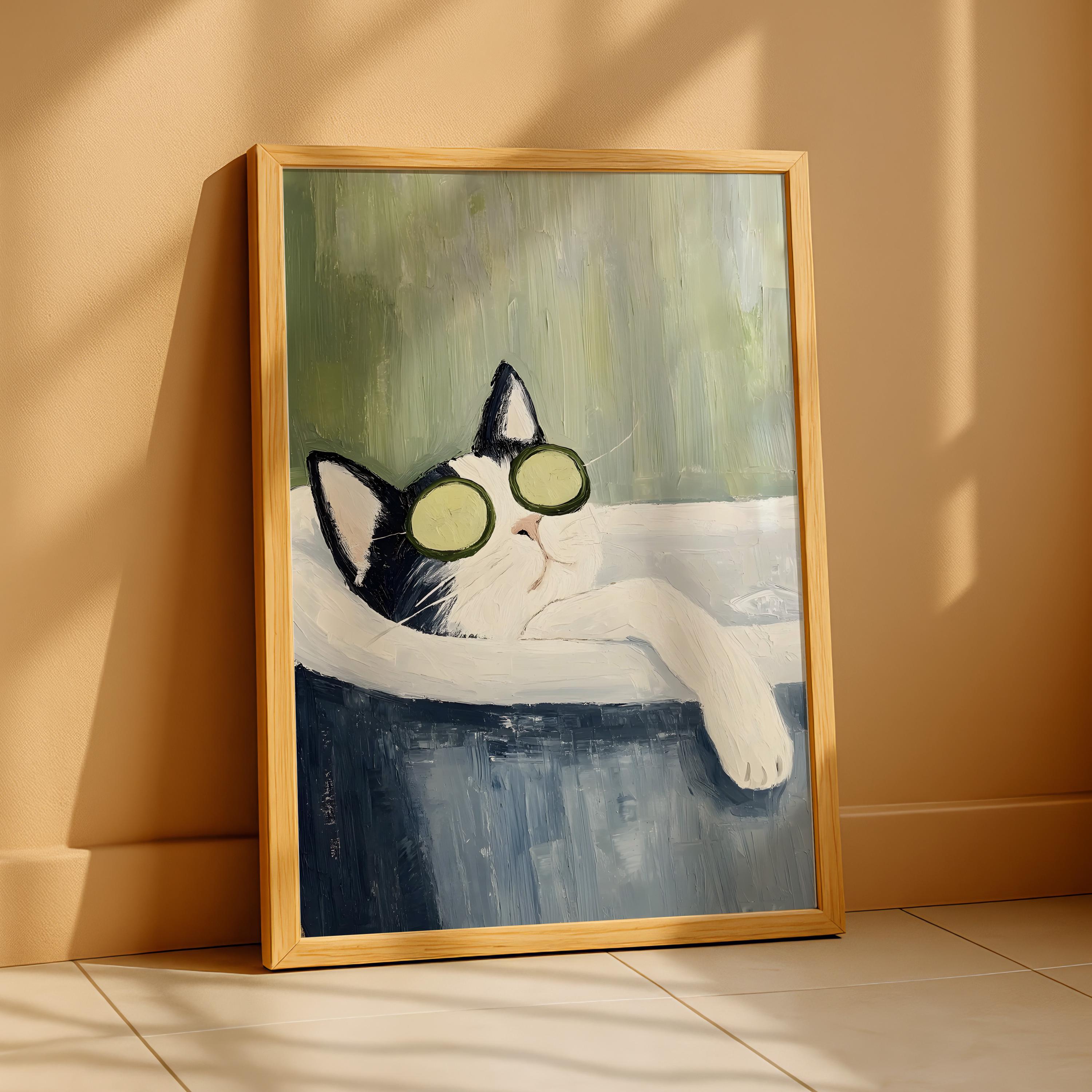 Tuxedo Cat Bathtub Wall Art Print – Funny Spa Cat Bathroom Decor