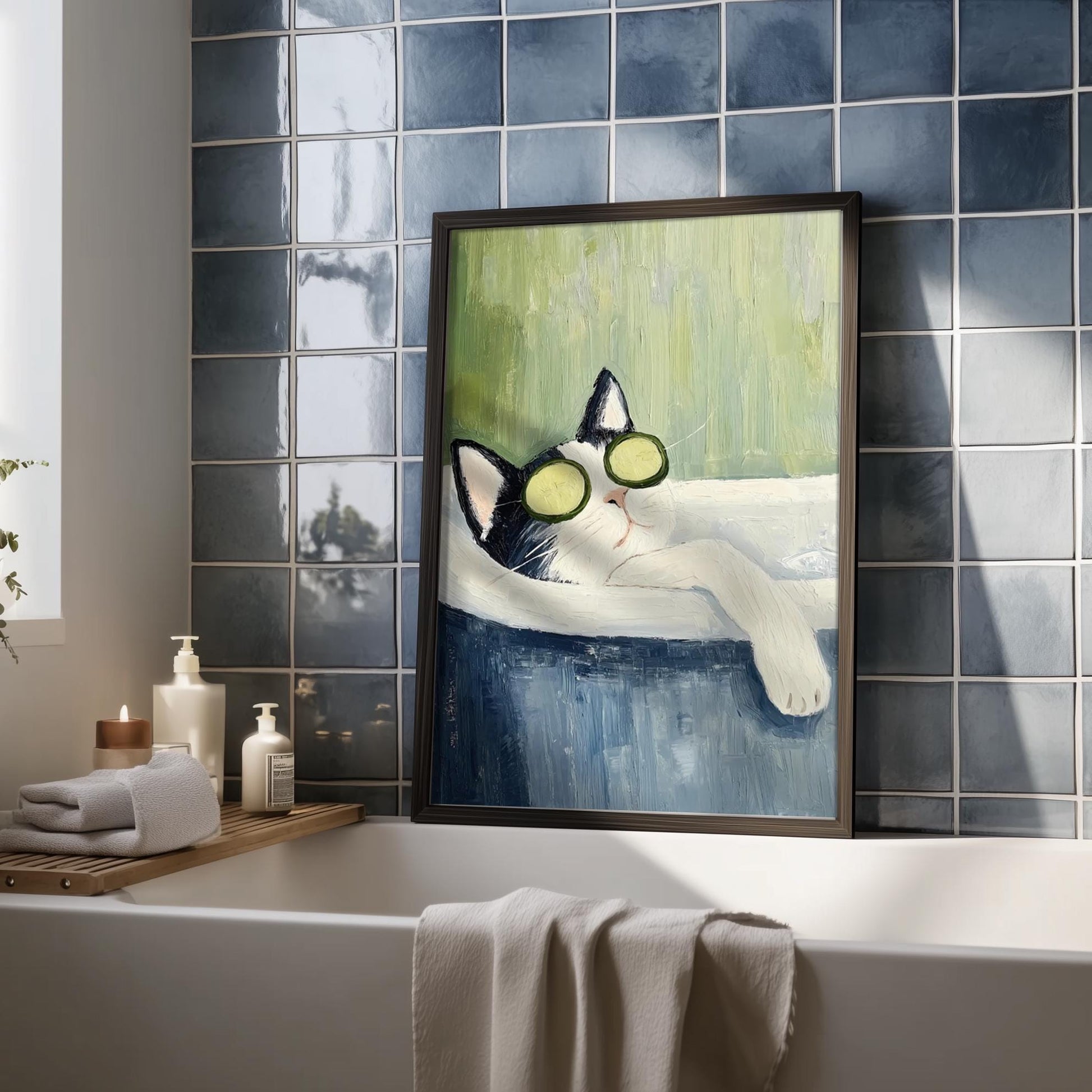 Tuxedo Cat Bathtub Wall Art Print – Funny Spa Cat Bathroom Decor