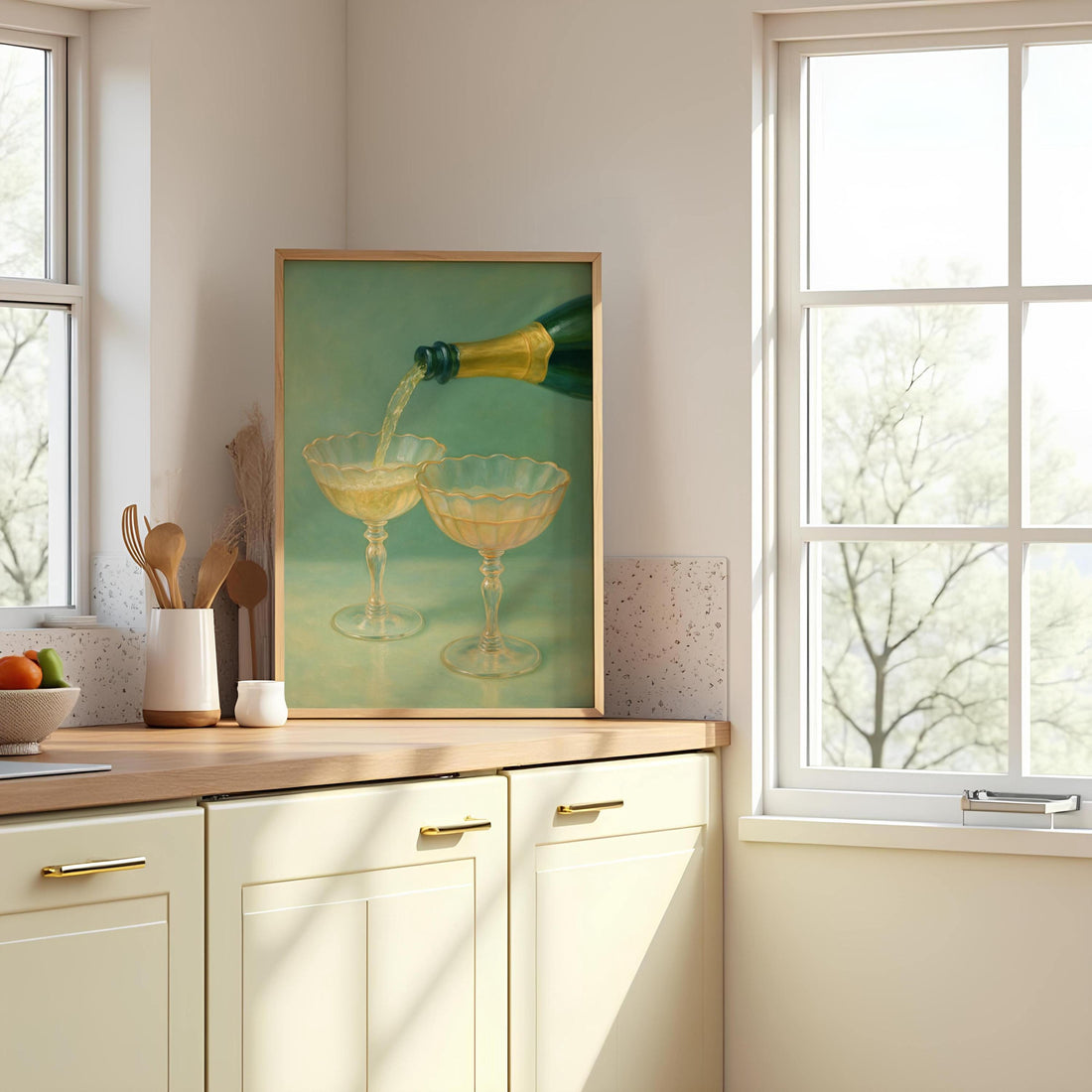 Vintage Champagne Wall Art Print – Elegant Bar Cart Home Decor Poster