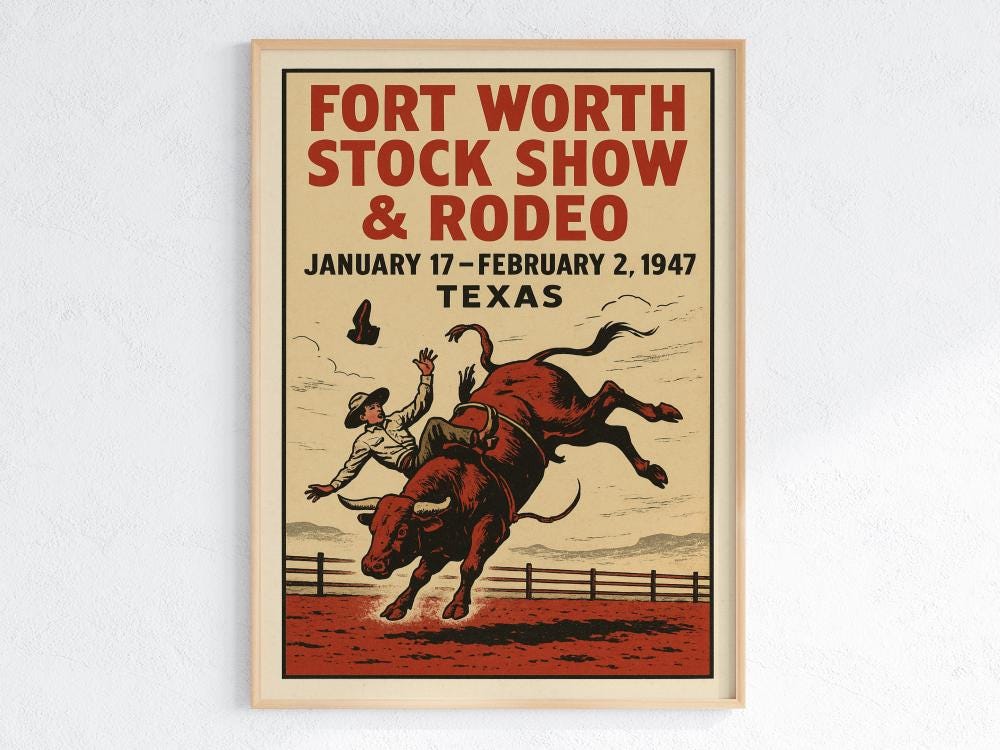 Vintage Fort Worth Rodeo Wall Art Print – 1947 Texas Cowboy Bull