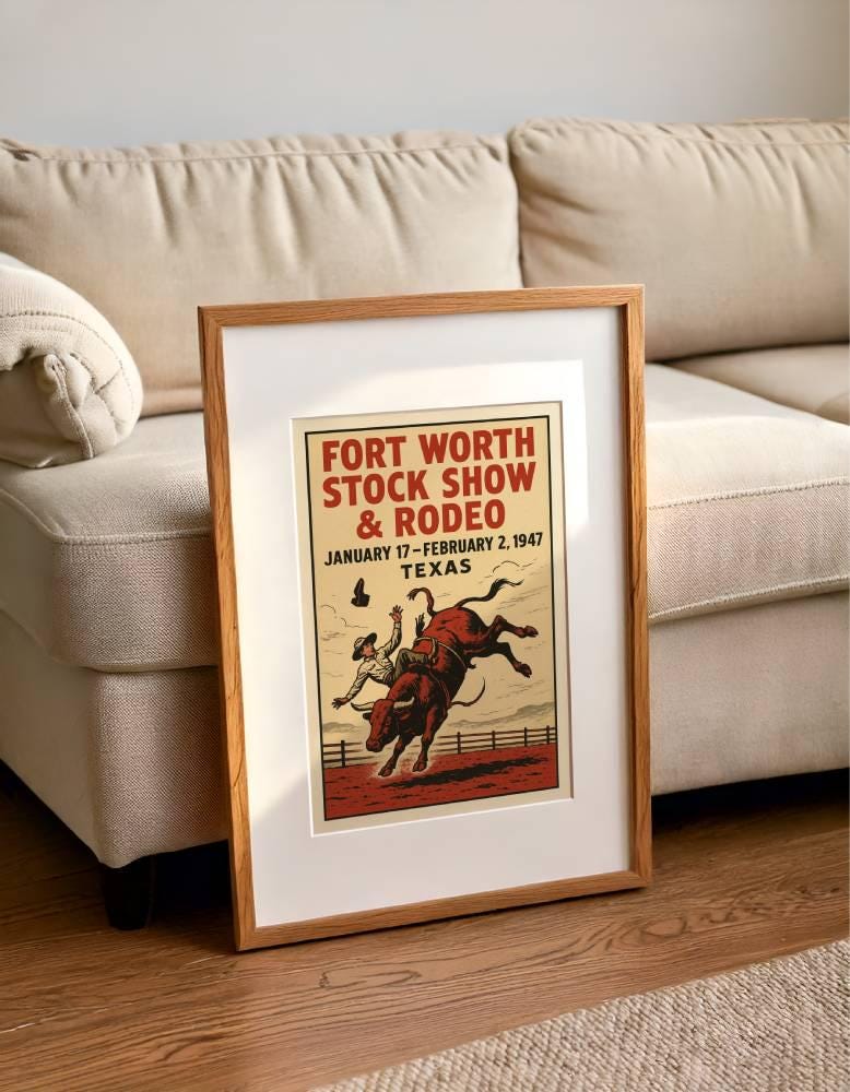 Vintage Fort Worth Rodeo Wall Art Print – 1947 Texas Cowboy Bull Riding Poster