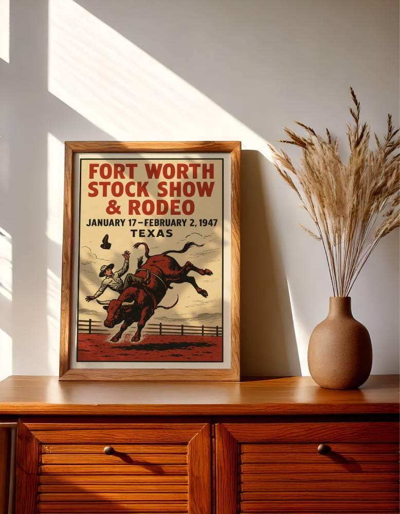 Vintage Fort Worth Rodeo Wall Art Print – 1947 Texas Cowboy Bull Riding Poster