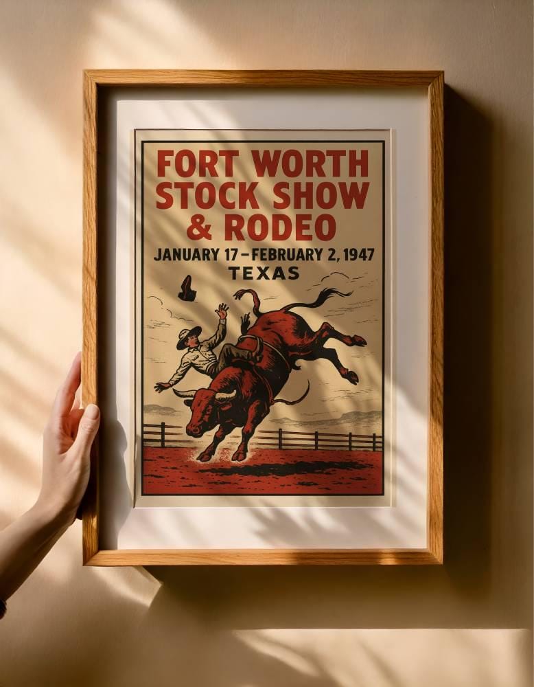 Vintage Fort Worth Rodeo Wall Art Print – 1947 Texas Cowboy Bull Riding Poster