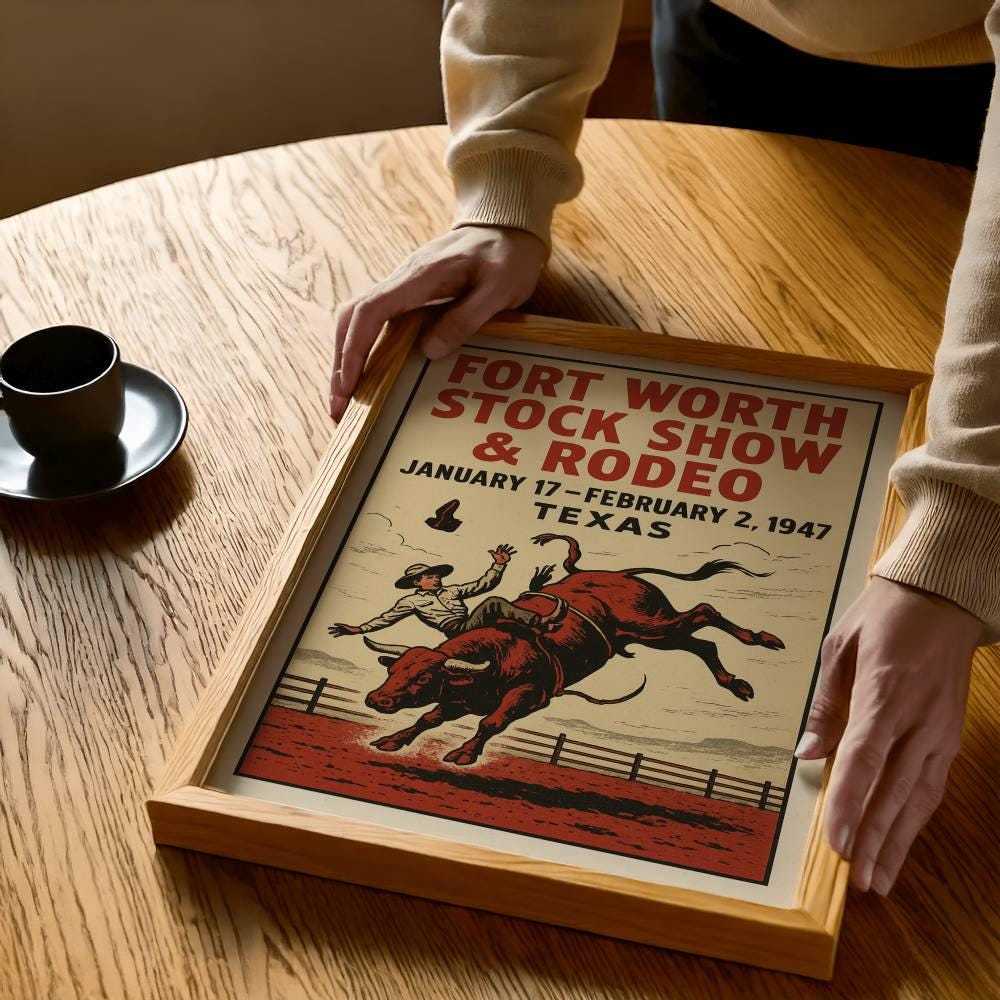 Vintage Fort Worth Rodeo Wall Art Print – 1947 Texas Cowboy Bull Riding Poster