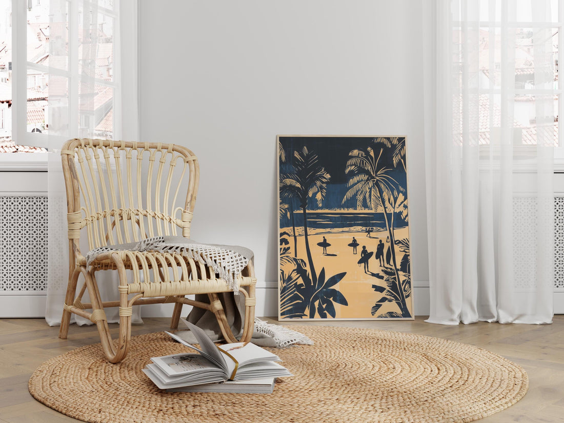 Vintage Surfing Wall Art Print – Tropical Palm Beach Coastal Decor Poster