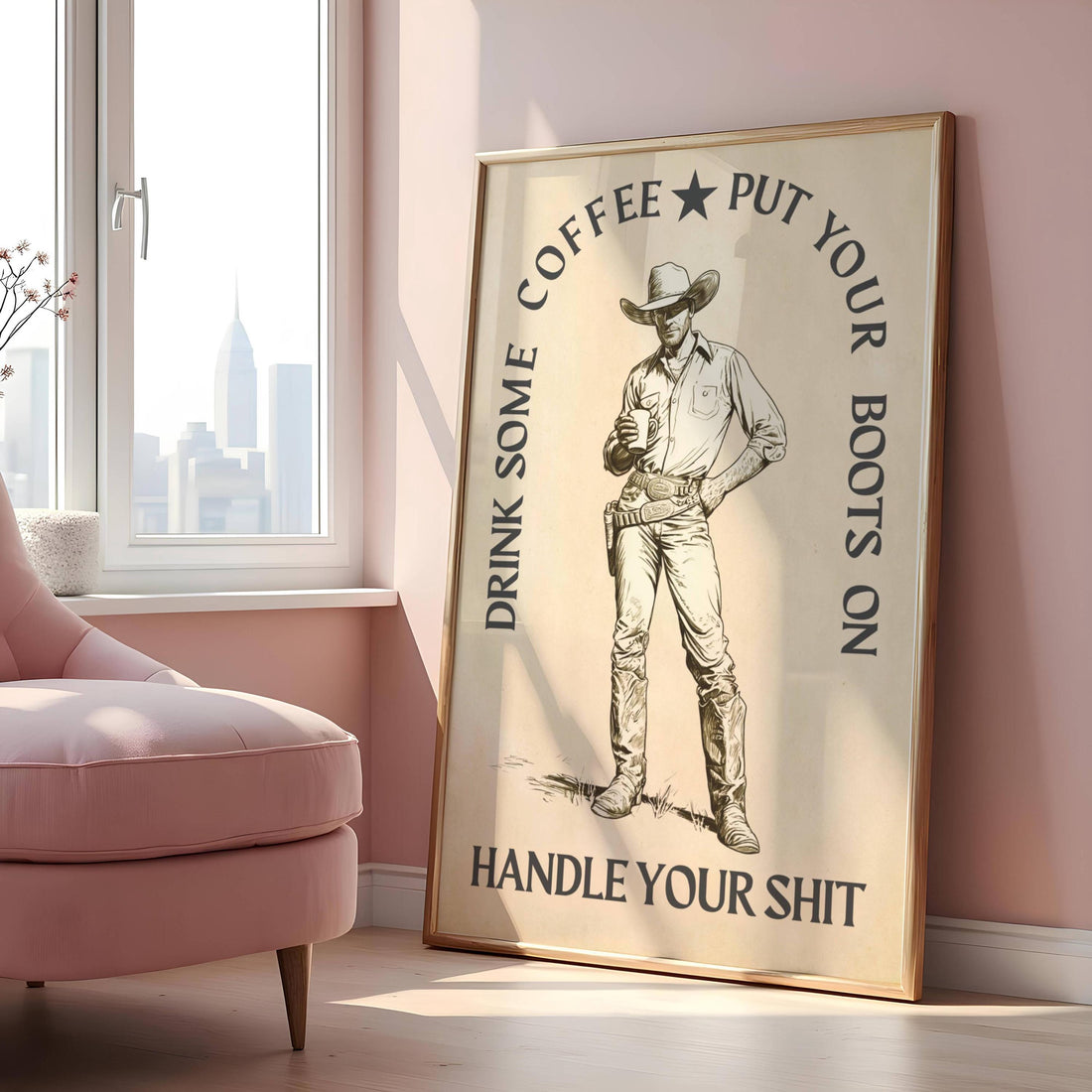 Western Coffee Wall Art Print – Rustic Cowboy Quote Decor for Bar or Kitchen