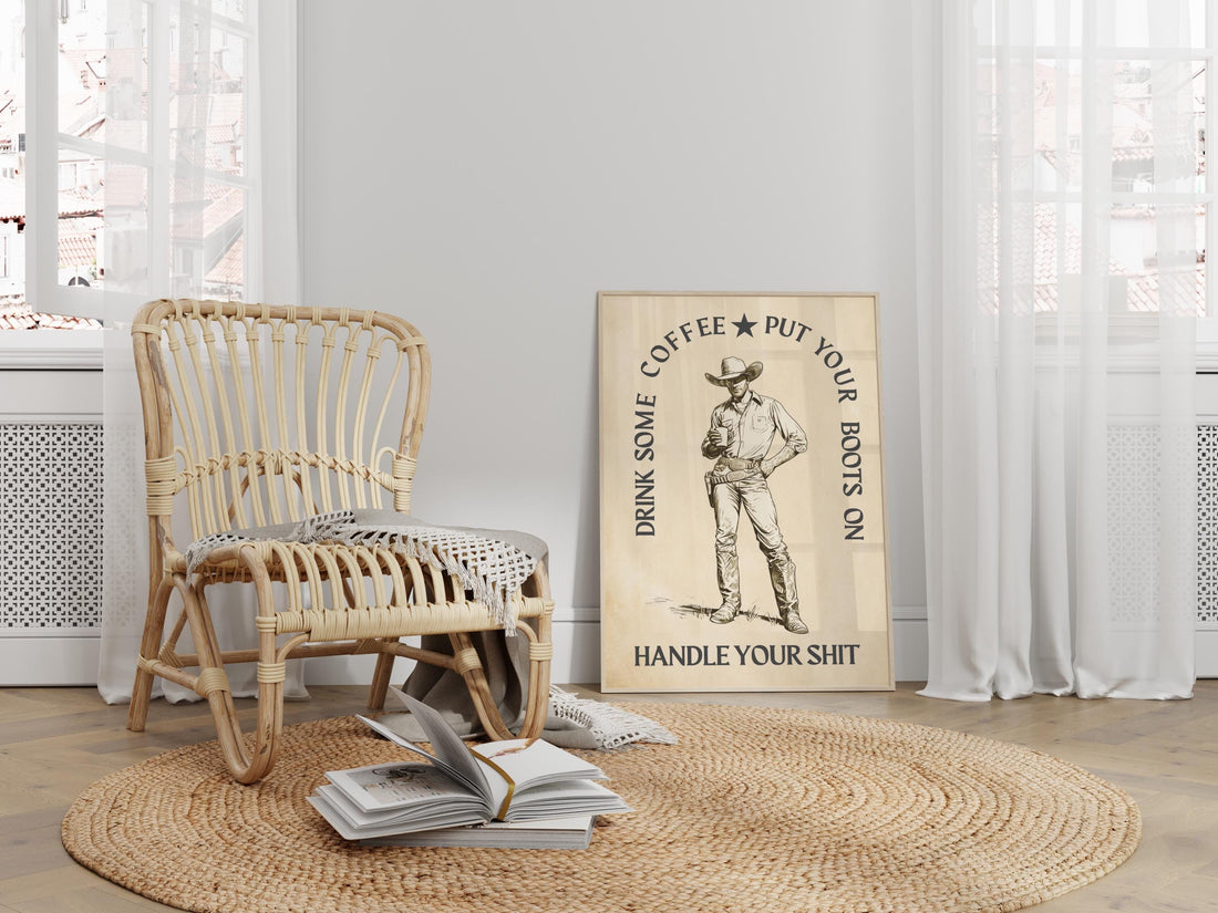 Western Coffee Wall Art Print – Rustic Cowboy Quote Decor for Bar or Kitchen