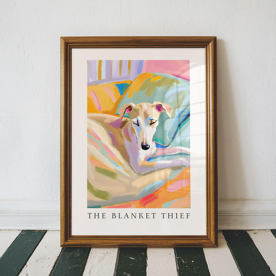 Whippet Puppy Wall Art Print – The Blanket Thief Cozy Bedtime Dog Poster Gift