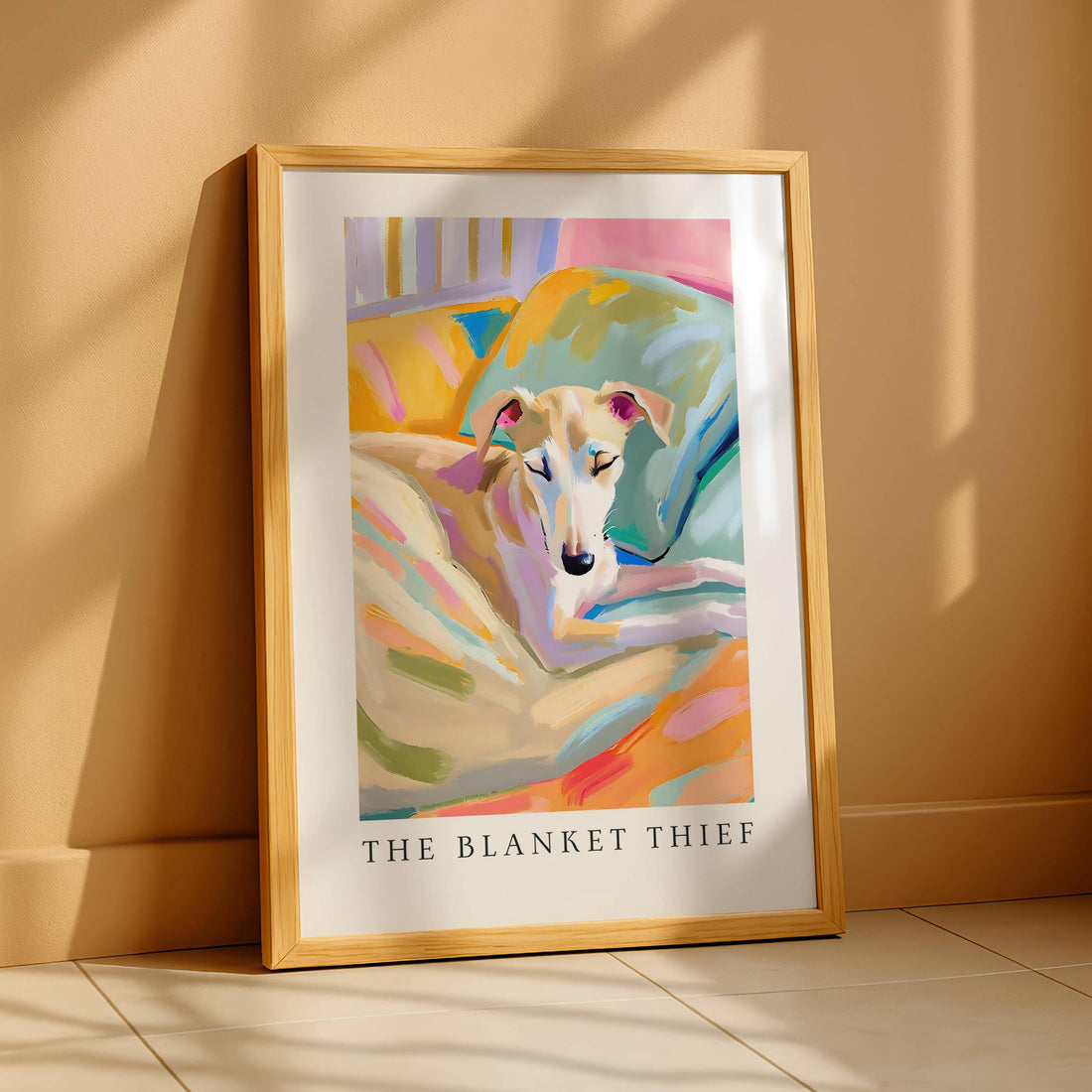 Whippet Puppy Wall Art Print – The Blanket Thief Cozy Bedtime Dog Poster Gift