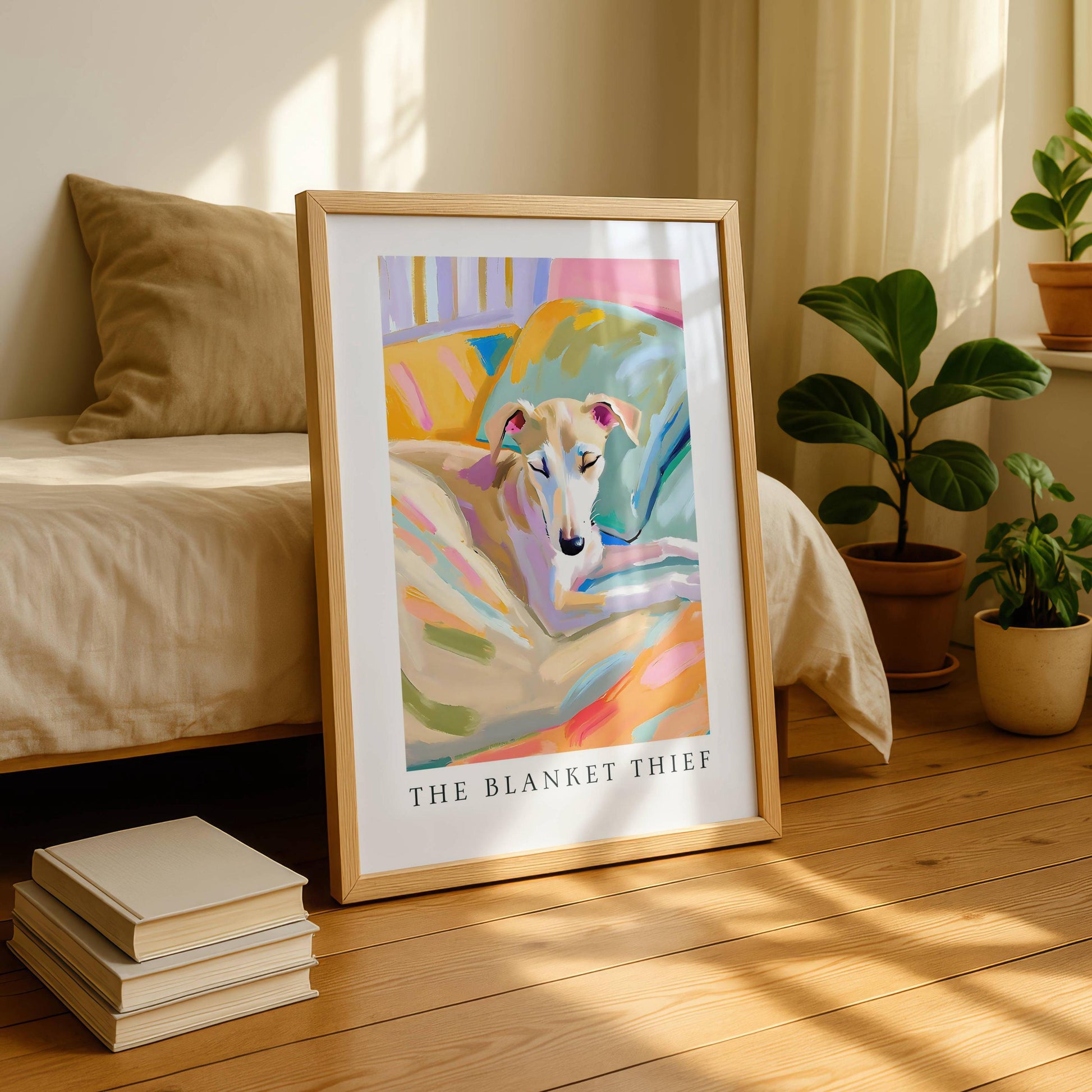 Whippet Puppy Wall Art Print – The Blanket Thief Cozy Bedtime Dog Poster Gift