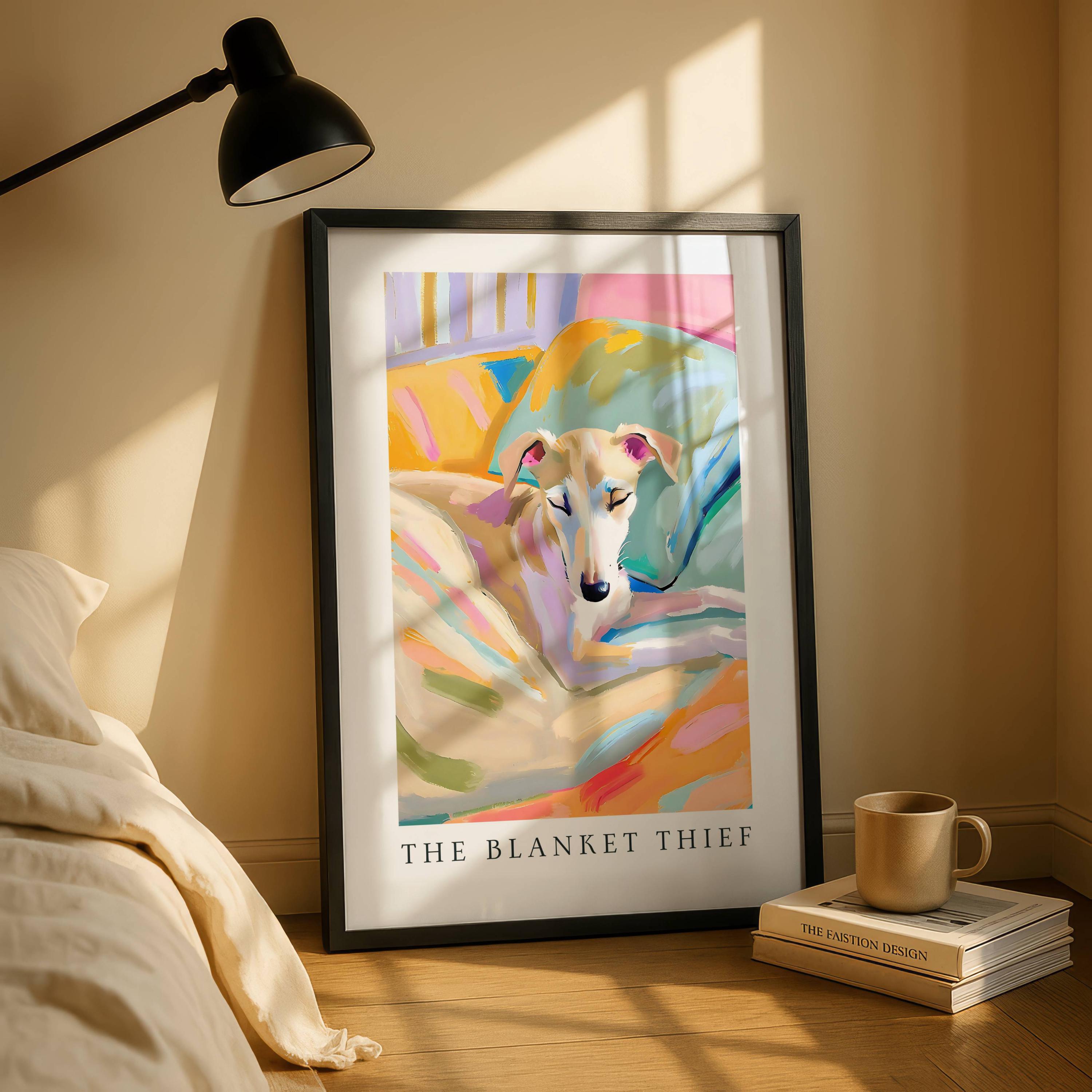 Whippet Puppy Wall Art Print – The Blanket Thief Cozy Bedtime Dog Poster Gift