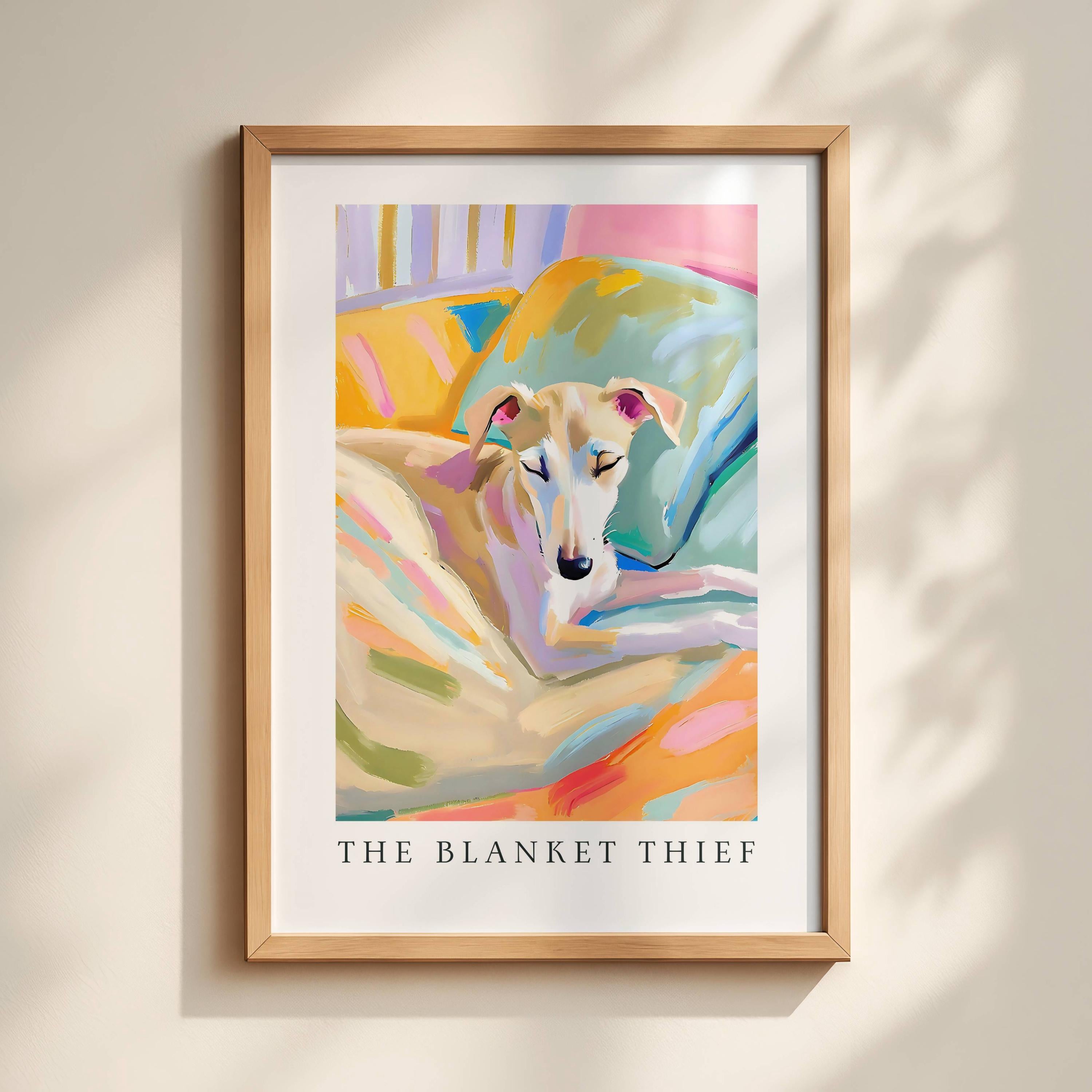 Whippet Puppy Wall Art Print – The Blanket Thief Cozy Bedtime Dog Poster Gift
