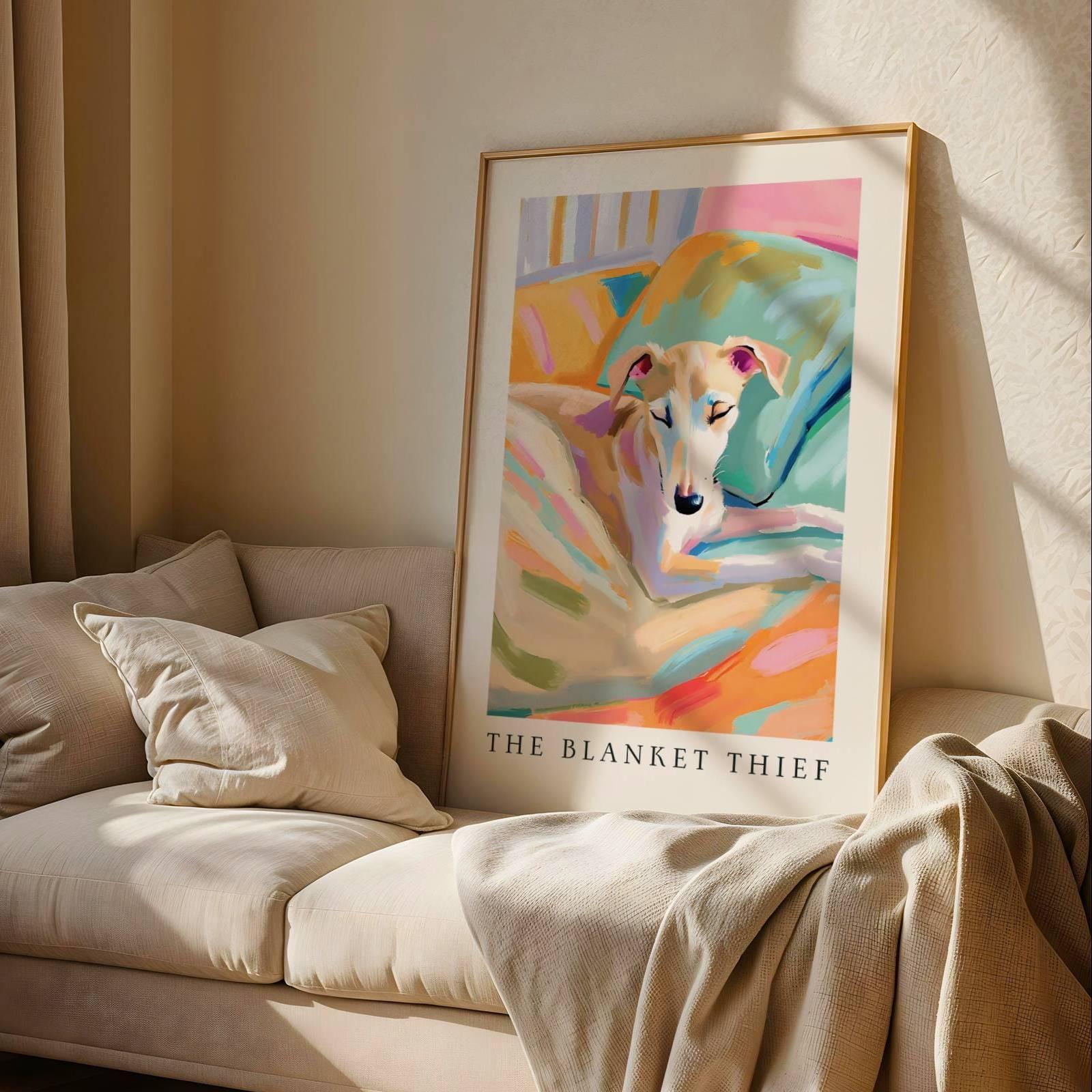 Whippet Puppy Wall Art Print – The Blanket Thief Cozy Bedtime Dog Poster Gift