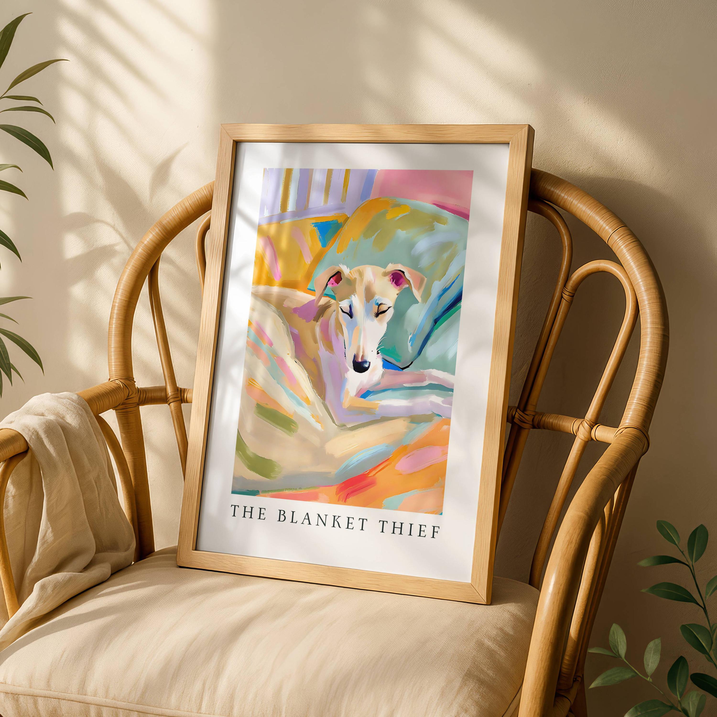 Whippet Puppy Wall Art Print – The Blanket Thief Cozy Bedtime Dog Poster Gift