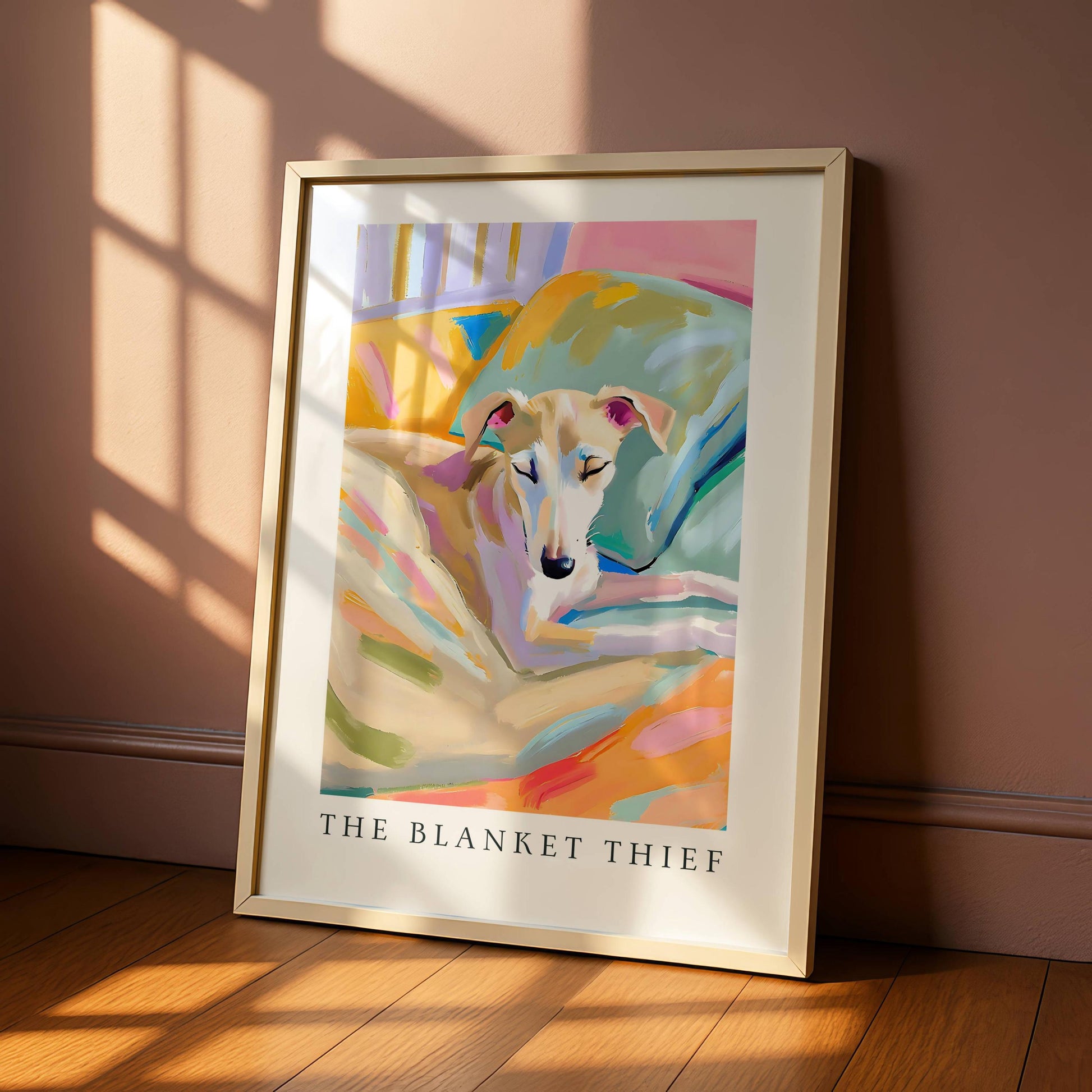 Whippet Puppy Wall Art Print – The Blanket Thief Cozy Bedtime Dog Poster Gift