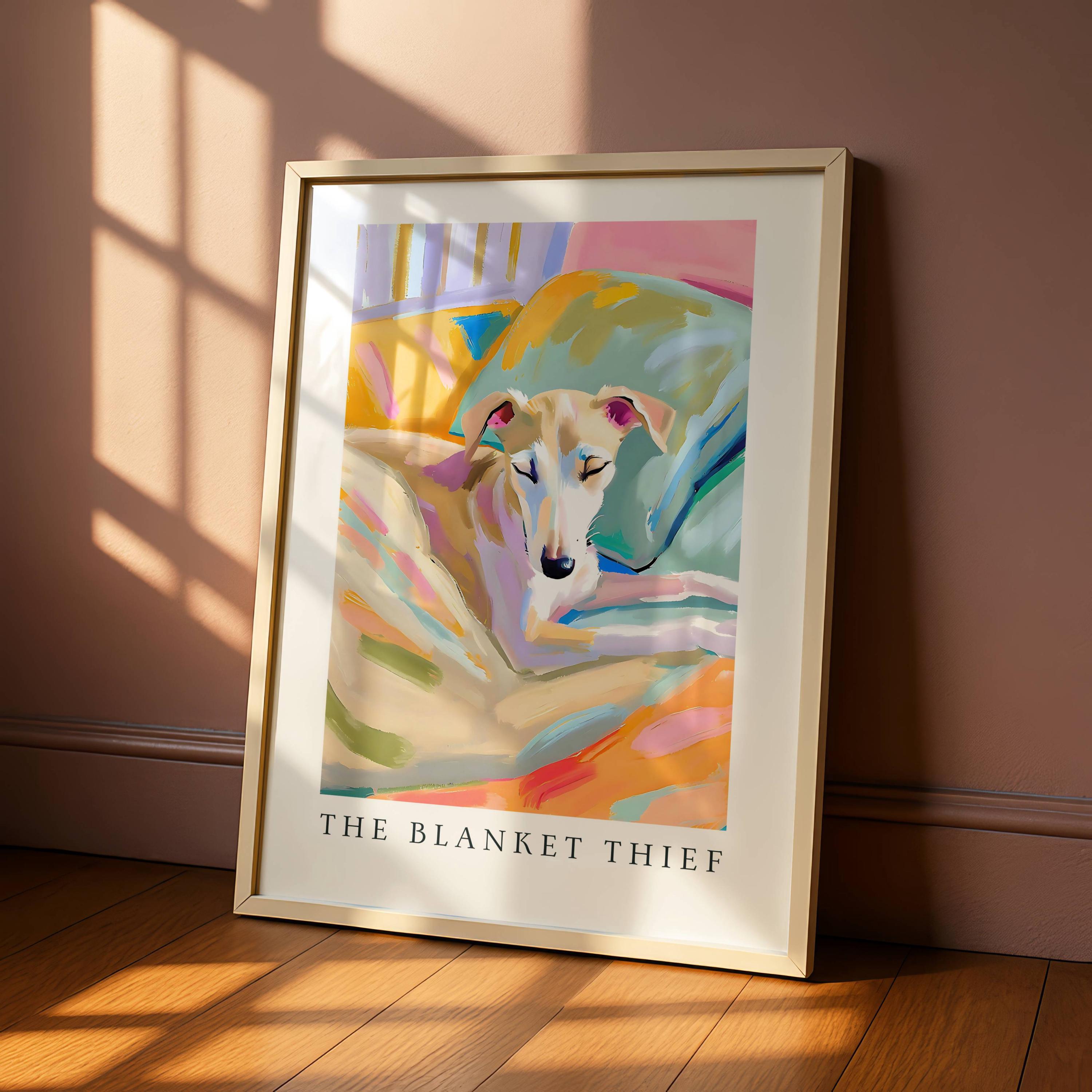 Whippet Puppy Wall Art Print – The Blanket Thief Cozy Bedtime Dog Poster Gift